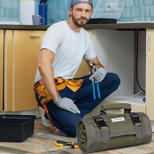 Miniatura 8 de Organizador de bolsa de herramientas enrollable con bolsas desmontables, almacenamiento de herramientas plegable portátil resistente con 5 bolsillos