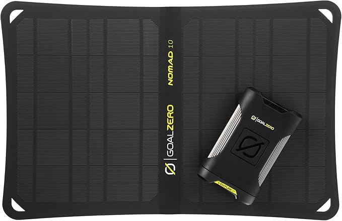Goal Zero Venture 35 Portable Charger Power Bank with Nomad 10 Solar Panel Kit 9600mAH 18W USB-C Power Delivery Port, 2 USB Outputs IP67 Rating 50 Lumens Flashlight
