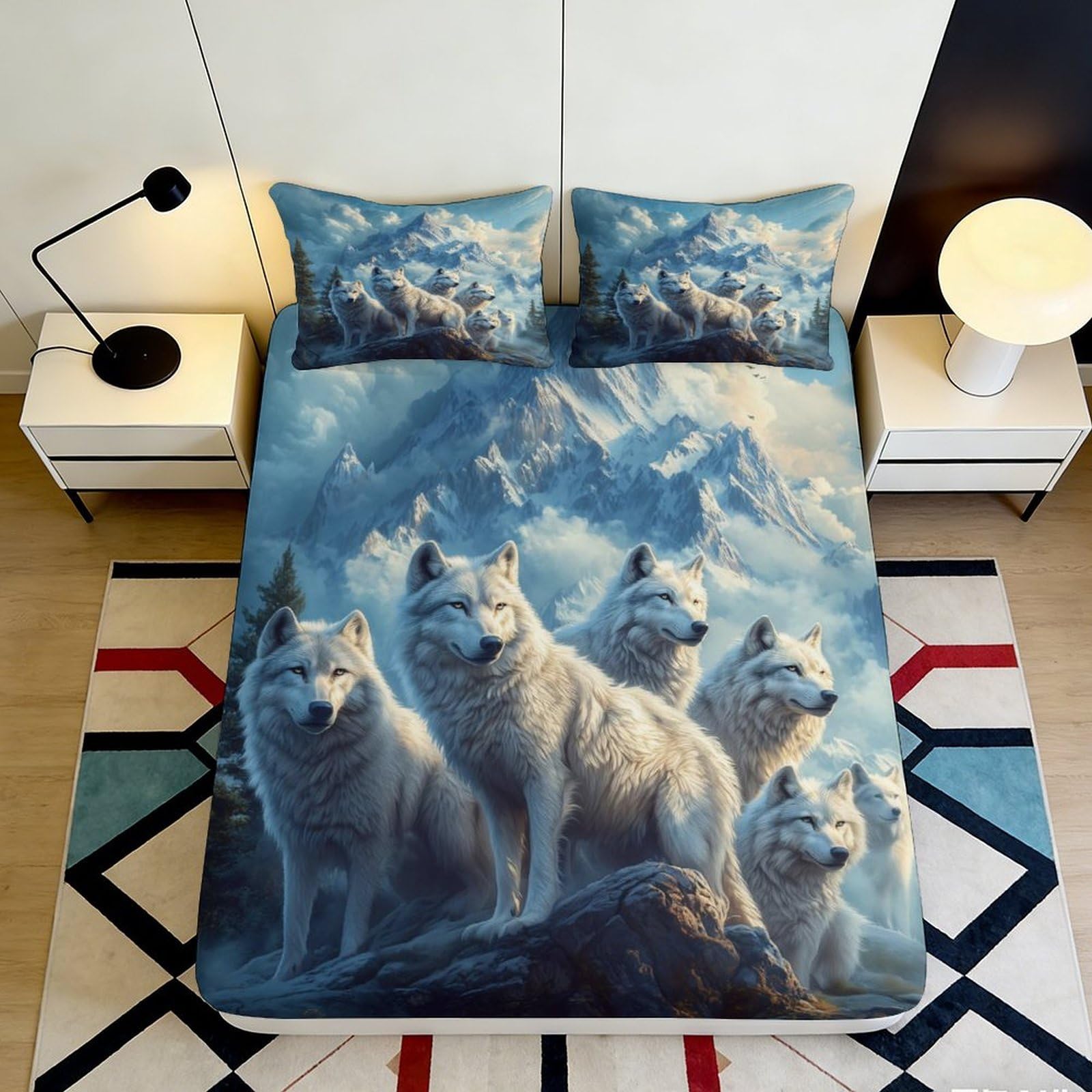 3D Printed Wolf Mountain Fitted Sheet Microfiber Soft Breathable Arctic Pack Bed Cover for Bedroom Dorm Mattress Decor 120x200x25cm