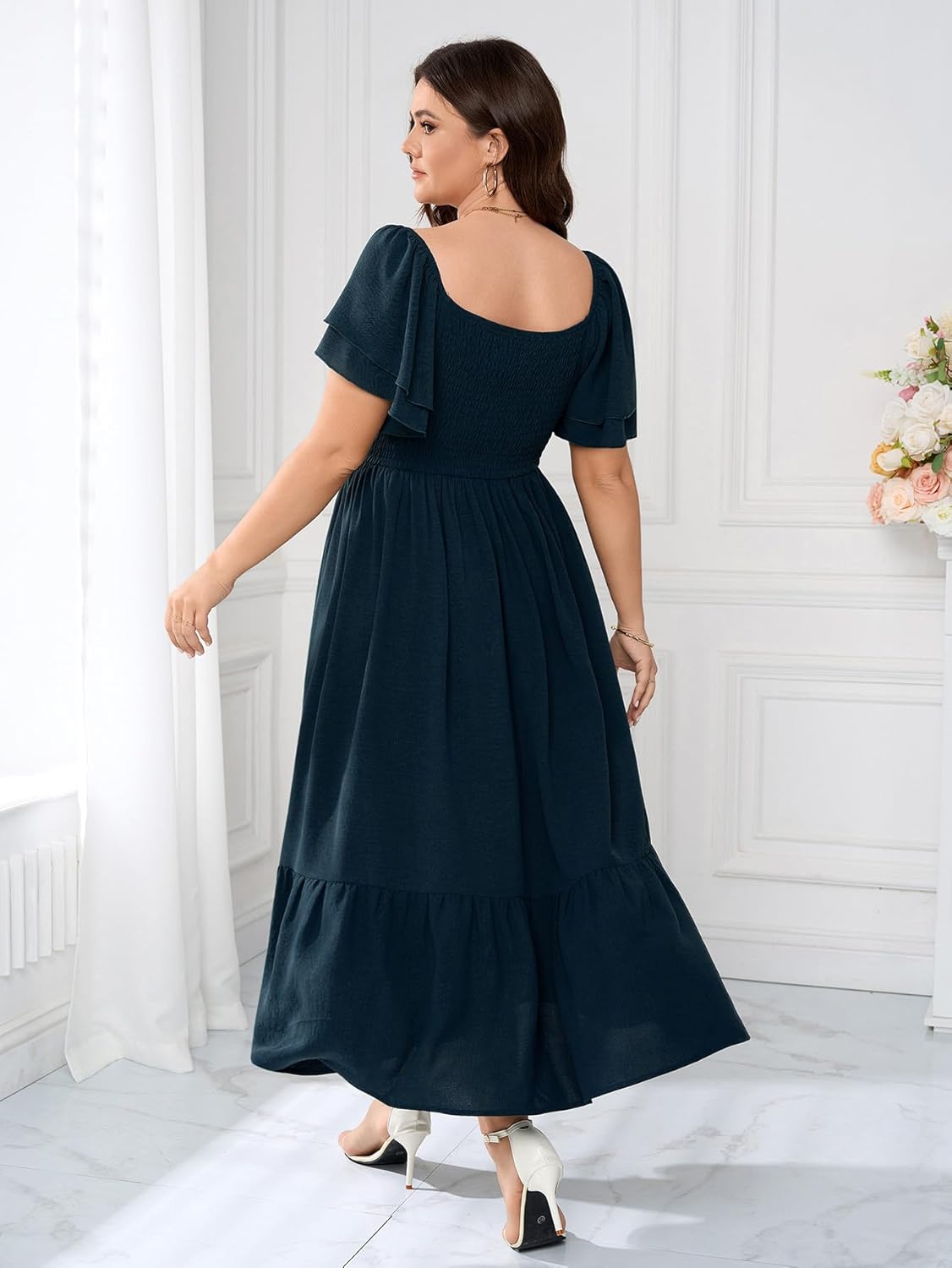 SCOMCHIC Women's Plus Size Maxi Dress Ruffle Sleeve Square Neck Smocked Flowy A-Line Wedding Guest Party Long Dresses - Image 6