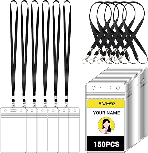 Surard Cordón para insignia, paquete de 100 soportes verticales para tarjetas de identificación con correa negra para el cuello, clip giratorio de