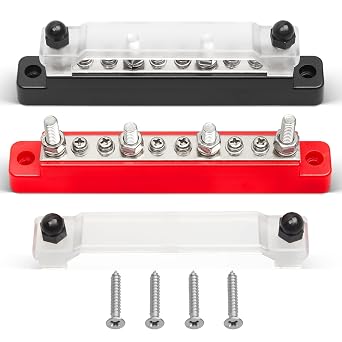 RED WOLF 150A 12V Bus Bar with Cover, 4 x 1/4" M6 6 x #8 M4 Studs Power Distribution Terminal Block 48V DC Car Boat Marine Solar System Black+Red