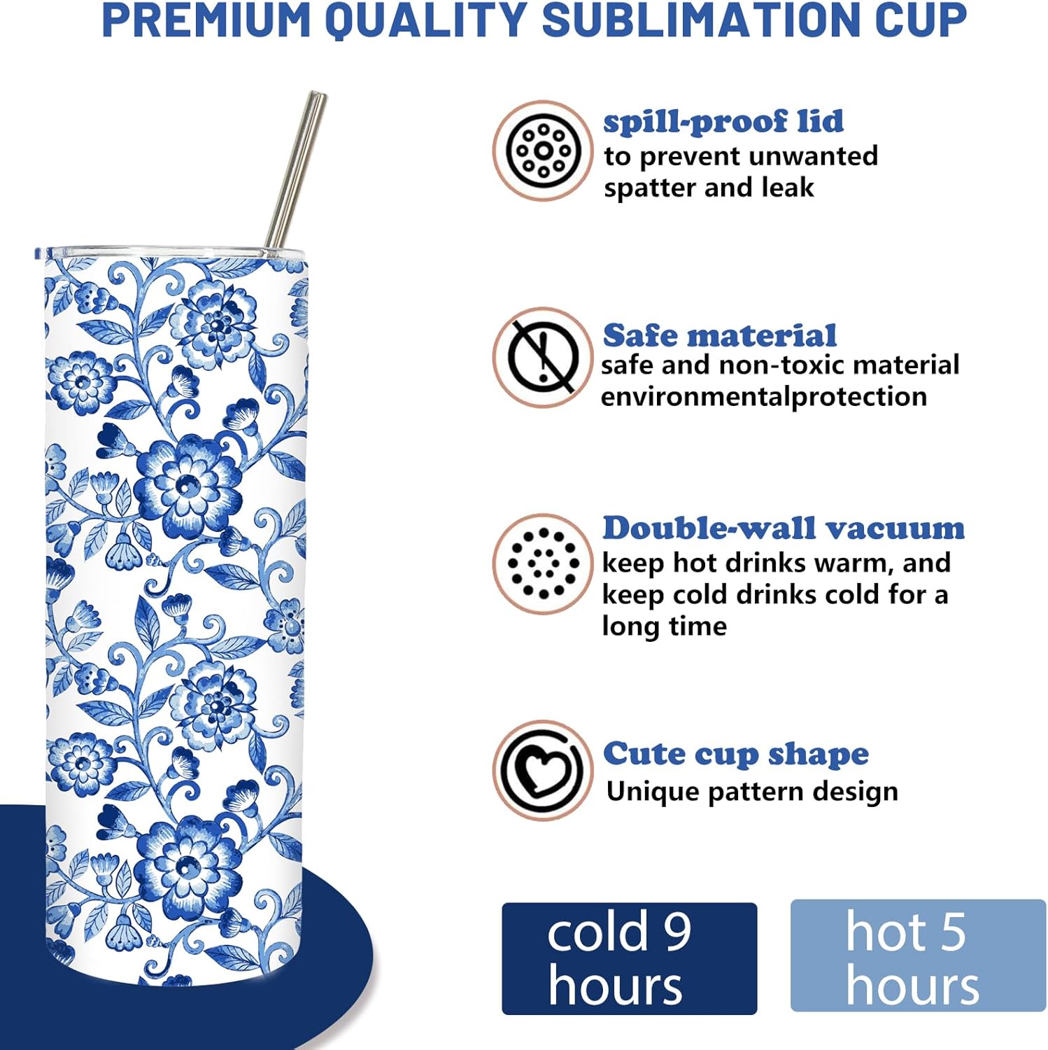 1Pc White and Blue Flower Tumbler with Lid Straw 20oz Chinoiserie Floral Stainless Steel Travel Tumbler Cup Boxed for Spring Holiday Wedding Birthday Iced Coffee - Image 4