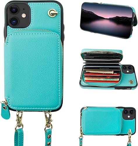 Bocasal Funda tipo cartera cruzada para iPhone 11, funda de piel con bloqueo RFID y soporte para tarjetas, funda protectora con cremallera y correa