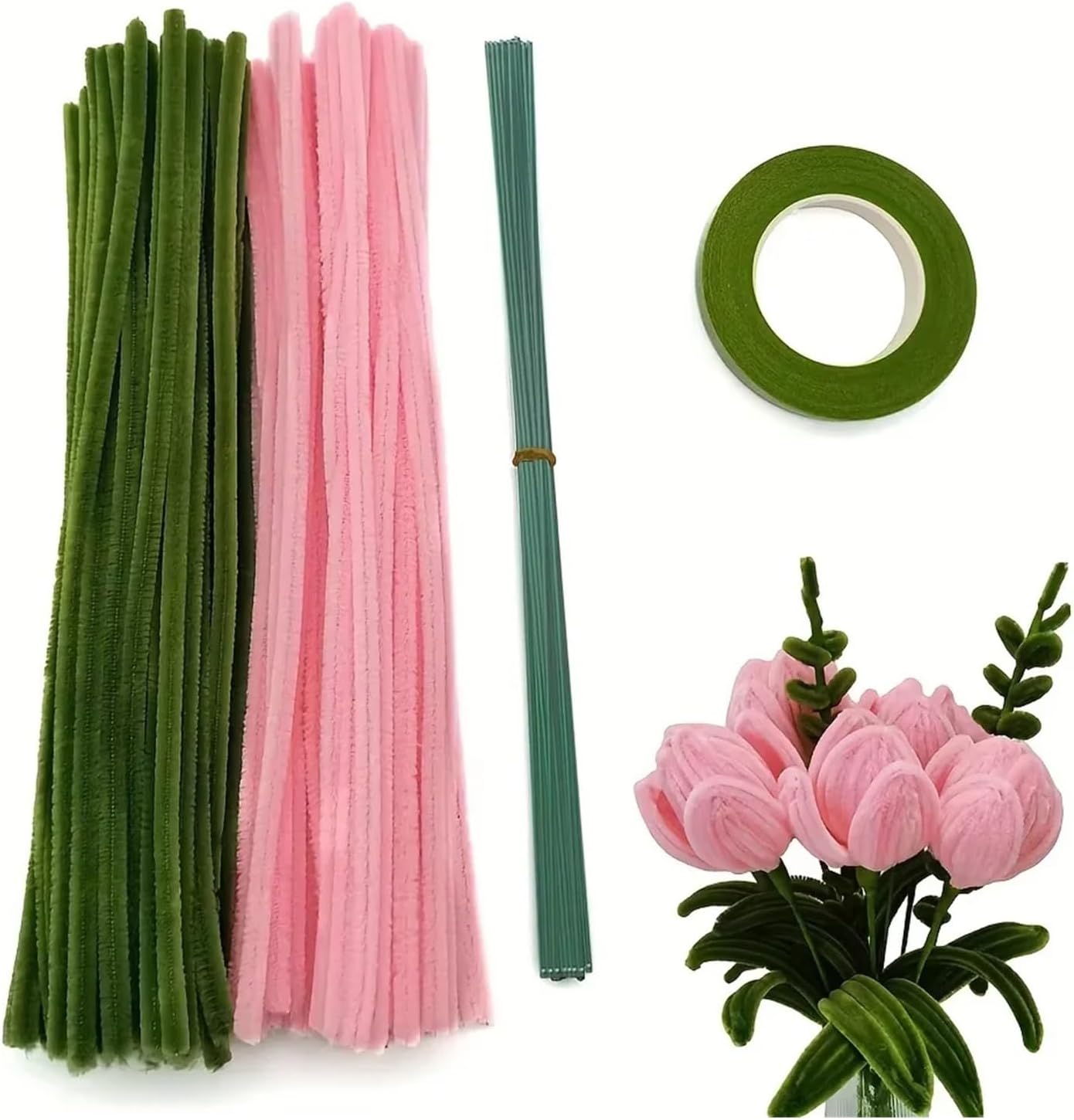 Pink Craft Pipe Cleaners Flower Chenille Stem with Floral Wires & Gardening Tape,for Wedding Gift, Holiday Decoration