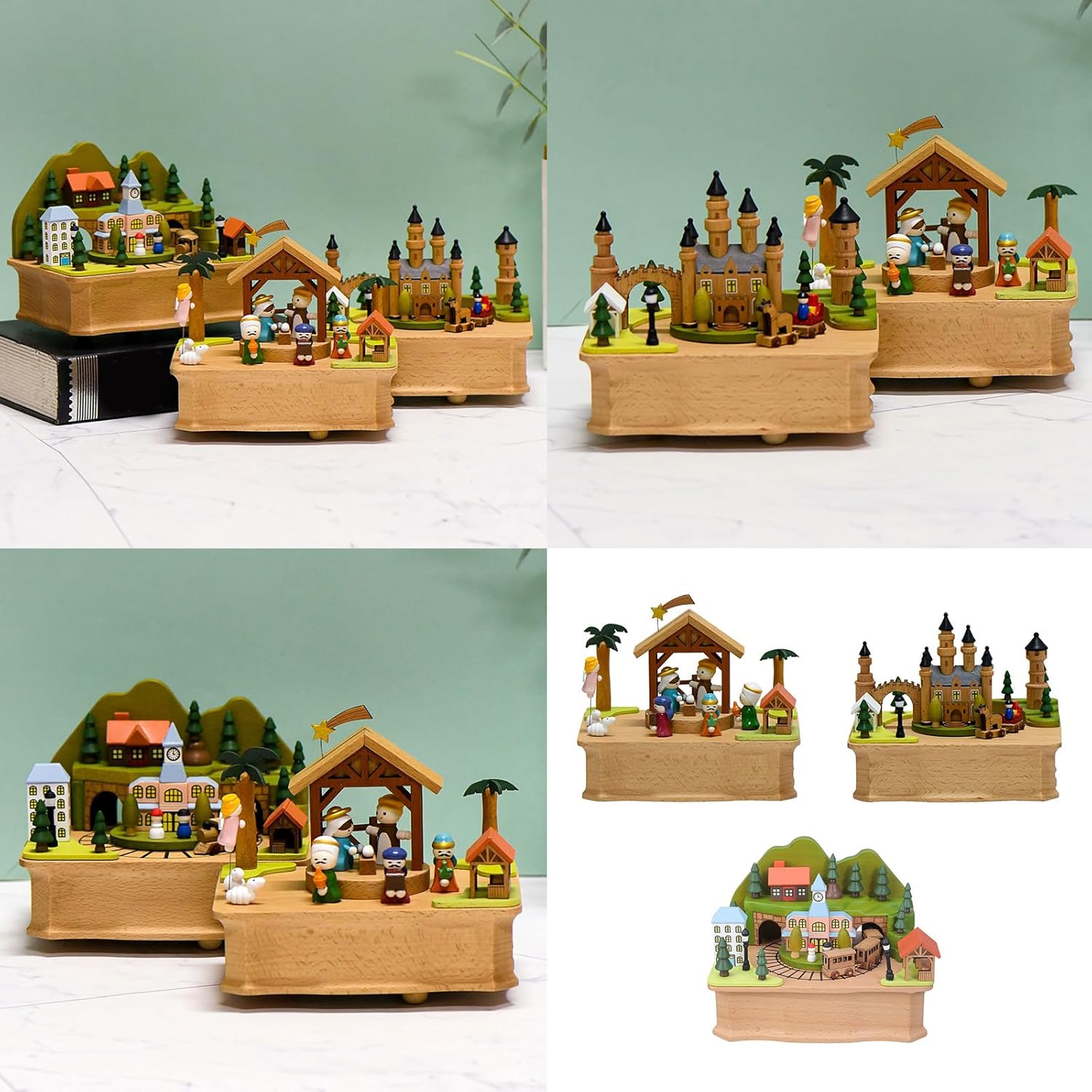 回転する列車の城とキリスト降誕のシーンのデザイン、メロディー機構付き木製オルゴール、オルゴールデスクトップオーナメント