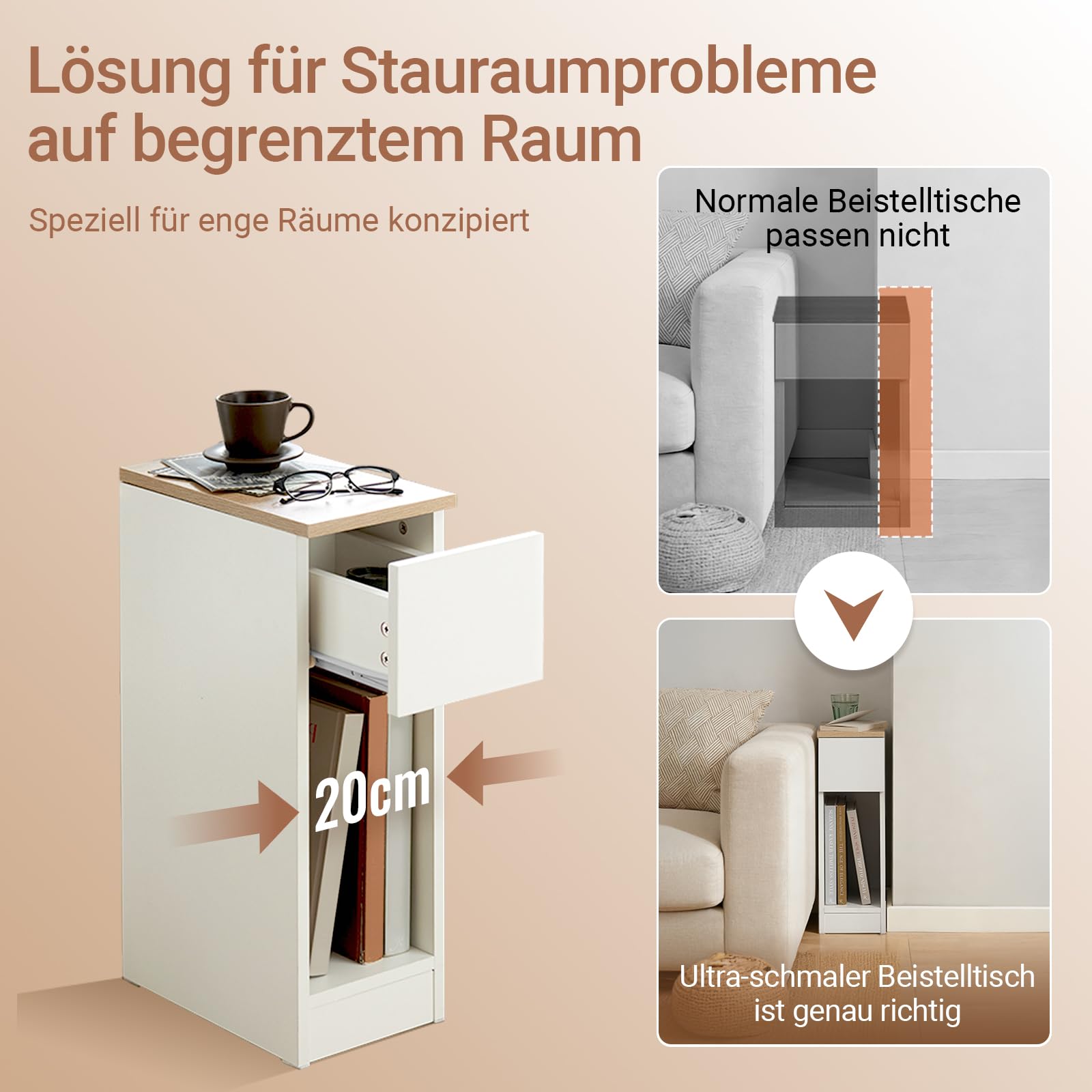 SoBuy Nachttisch schmal 20 cm mit Schublade platzsparender Nachtschrank & Beistelltisch für kleine Räume Schlafzimmer Wohnzimmer Weiß 20x35x60 cm FBT111-WN