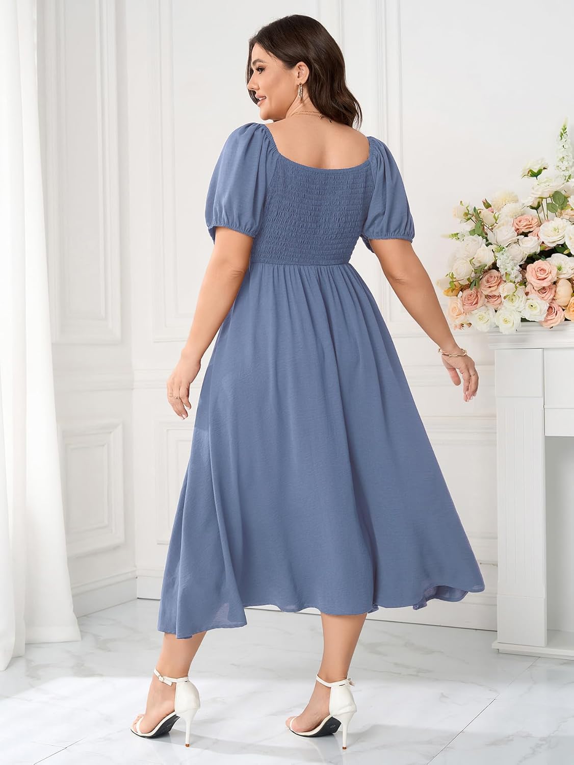 Women's Plus Size Summer Dress Short Sleeve Square Neck Milkmaid Dress Tie Front Split A-Line Maxi Long Dresses - Image 6