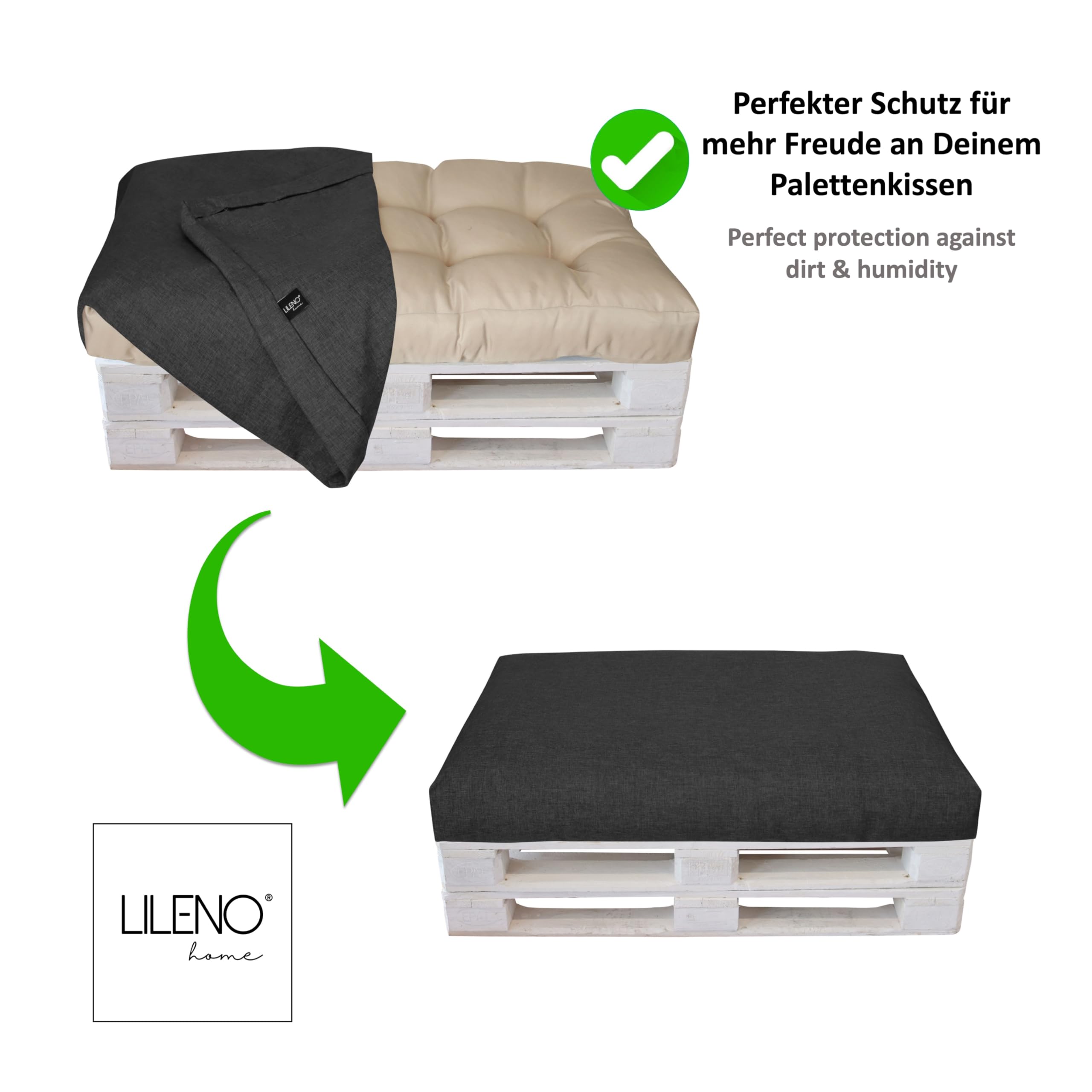 LILENO HOME Funda de cojín para palé, color antracita, funda de repuesto para asiento de 120 x 80 x 16 – 20 cm – Funda acolchada para palés europeos – Cojín para palés exterior funda para muebles de