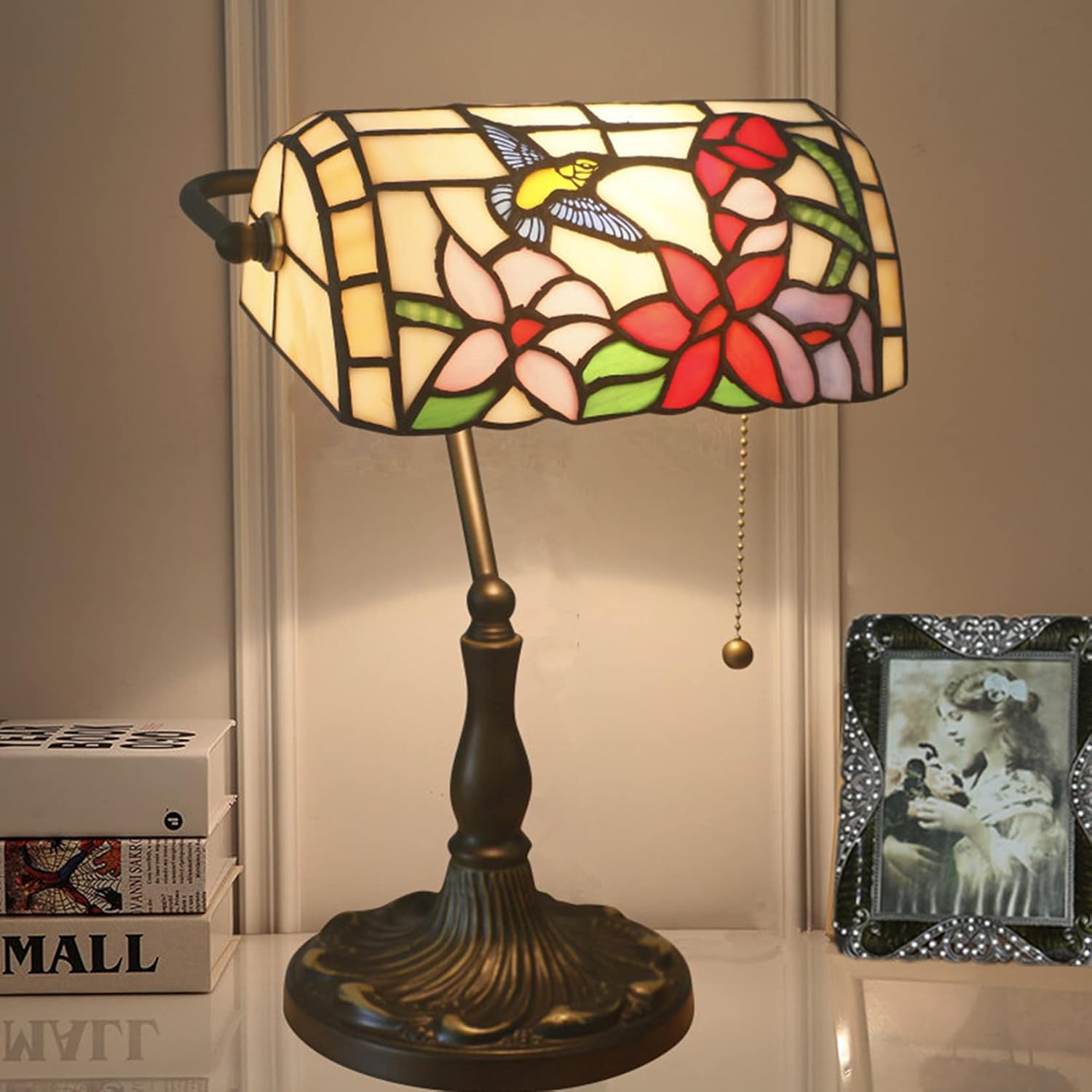 Birdflower Bankers Lamp Tiffany Style Table Lamp Piano Desk Light Stained Glass Shade Antique Alloy Base Bedside Night Light for Bedroom Living Room