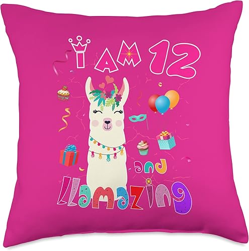 Llama 12th Birthday Girl & Gifts I Am 12 Years Old and Llamazing Llama - Almohada de 12 cumpleaños para niña, 18 x 18 pulgadas, multicolor