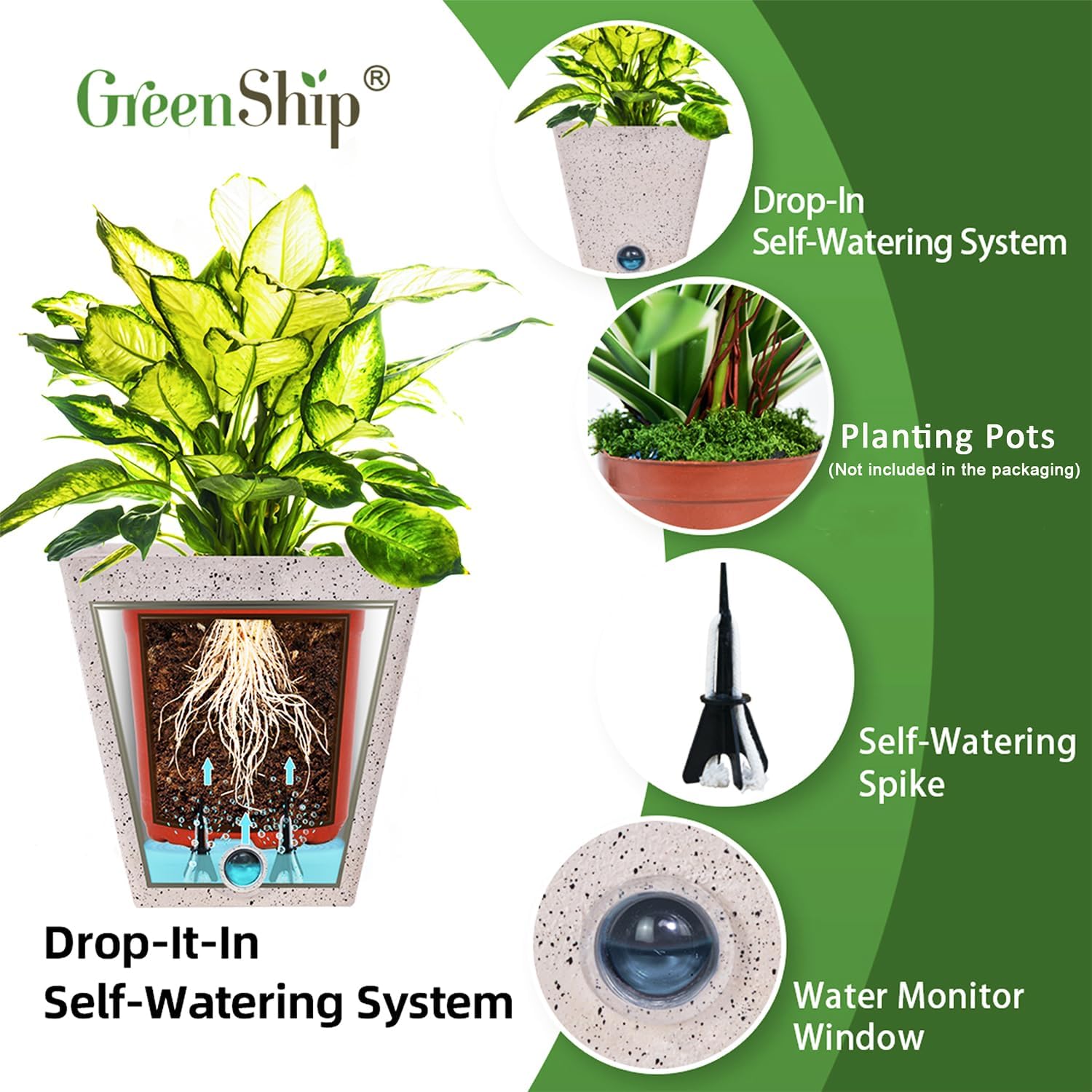 GreenShip 6 8 10 inch Self Watering Plant Pots Set for Indoor Plants, Planter Pots with Self Watering Spikes, Automatic Vacation Plant Watering for Home Garden Decor