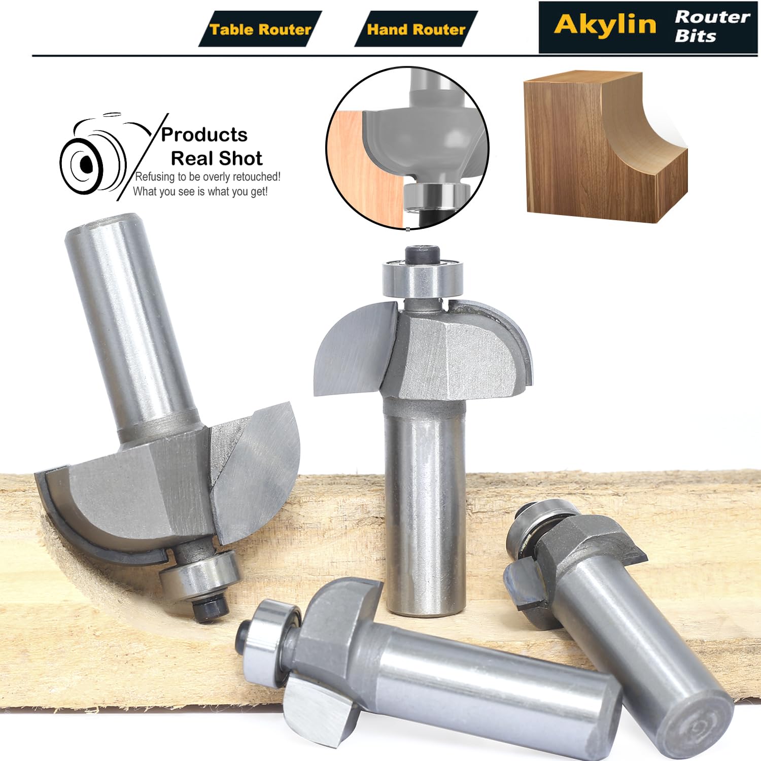 4pcs Cove Router Bit Set,1/2" Shank,Radius 3/16",1/4",7/16", and 9/16",Cove Edging Cutter for Wood Profiling,Routing,Molding