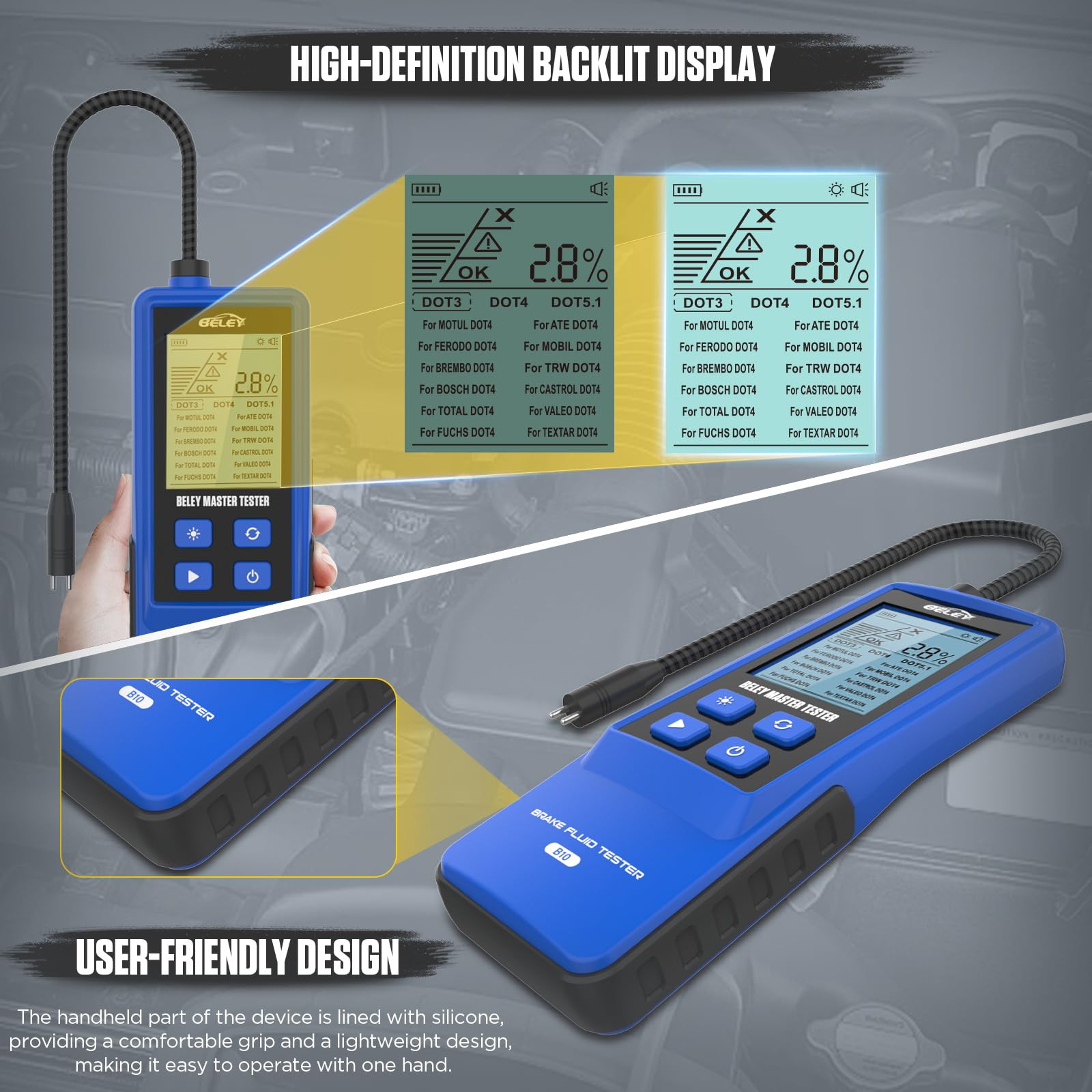 BELEY Tester del Liquido dei Freni per Auto, con Schermo LCD Retroilluminato e Analizzatore di umidità dell'olio con Sonda ad Alta Precisione per Rilevatore Liquido dei Freni DOT3 DOT4 DOT5.1 (Blu)