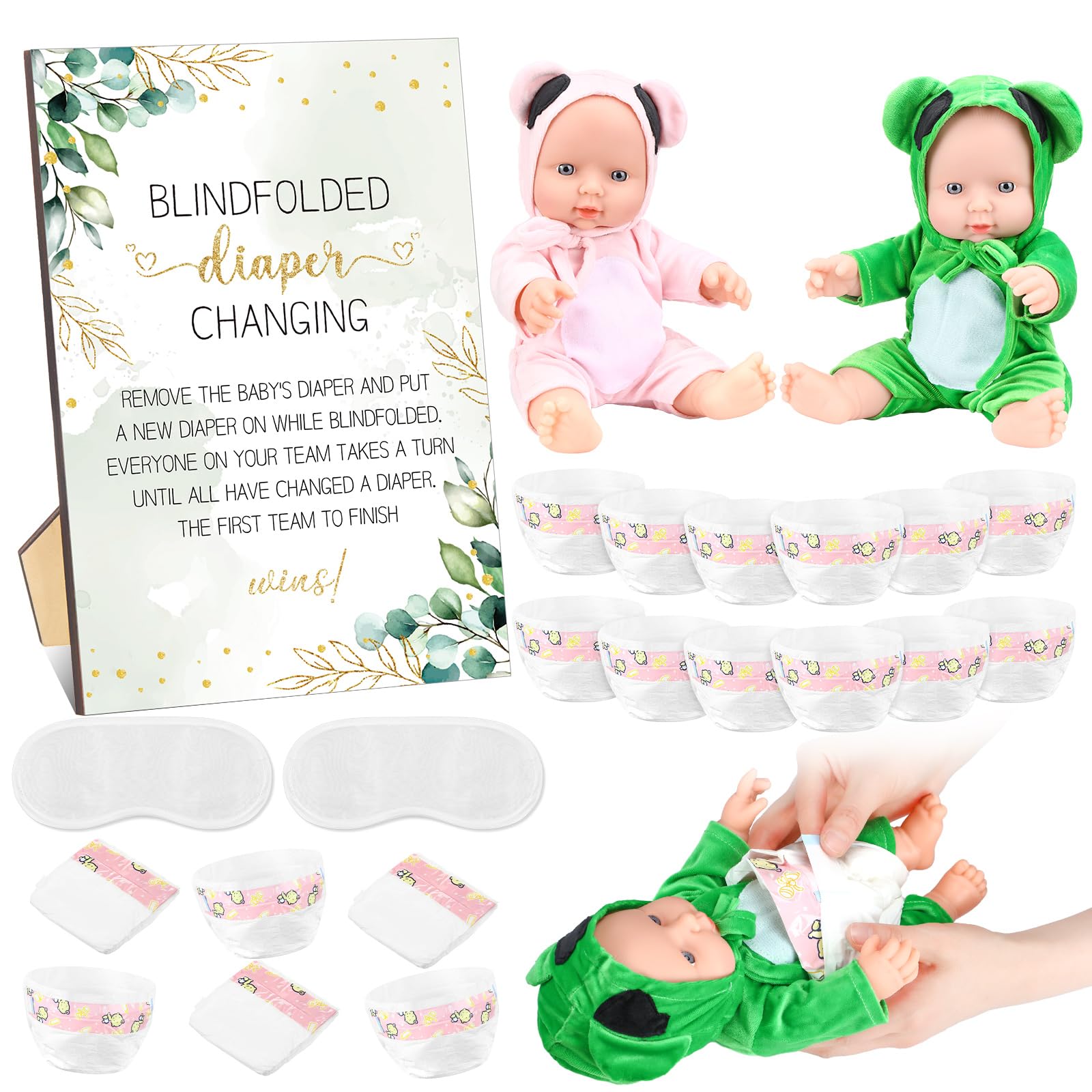 Seeloowy 17 Pcs Shower Supplies for Blindfold Diaper Changing with Blindfolds Diapers Changing Diaper Race Set(Greenery)