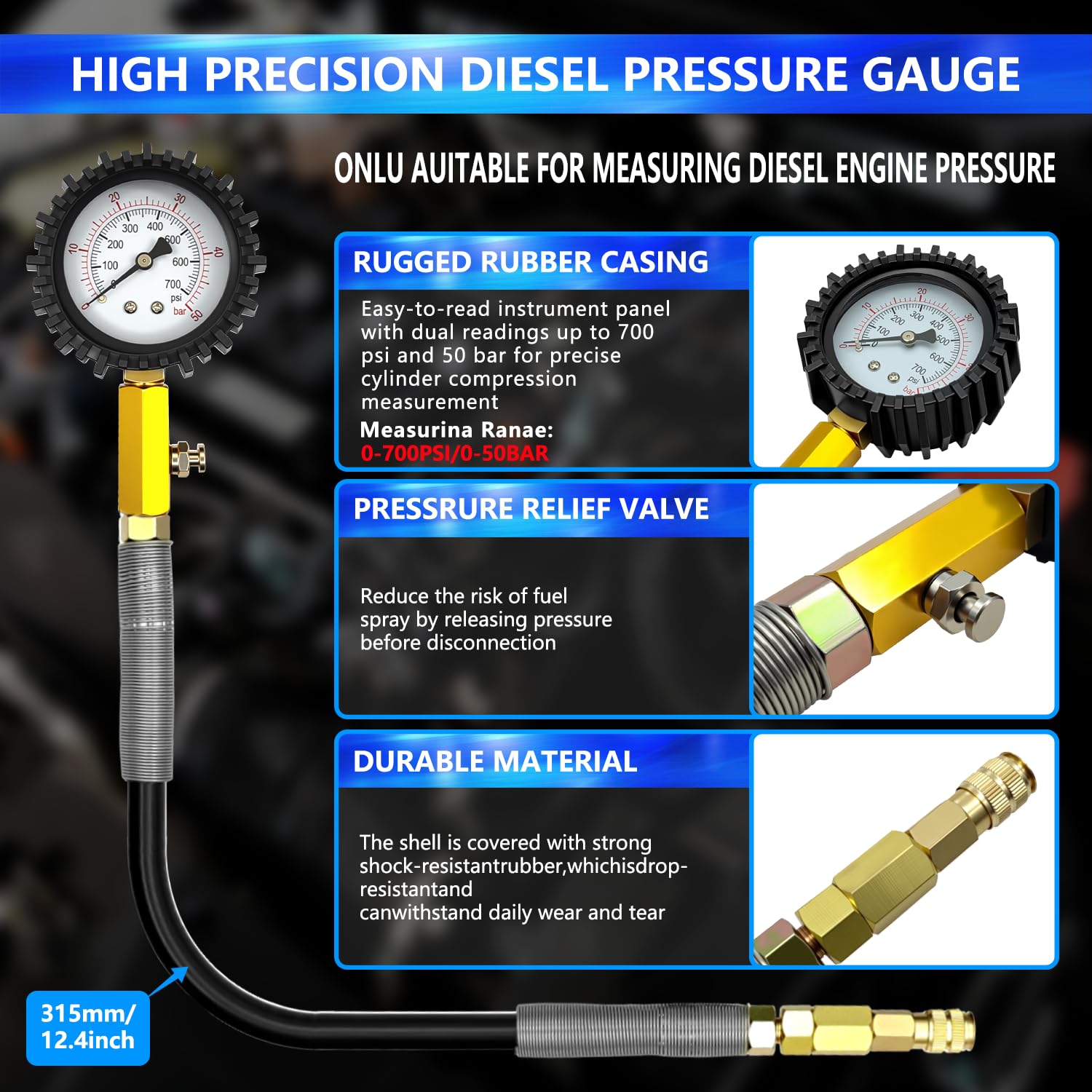 ZKTOOL 46PCS Compression and Leakage Test Kit Petrol & Diesel Dual Gauge Engine Compression Tester Kit Automotive Cylinder Leak Down Tester Kit for HDI, TDCi, Pumpe Duse Engine，0-725PIS