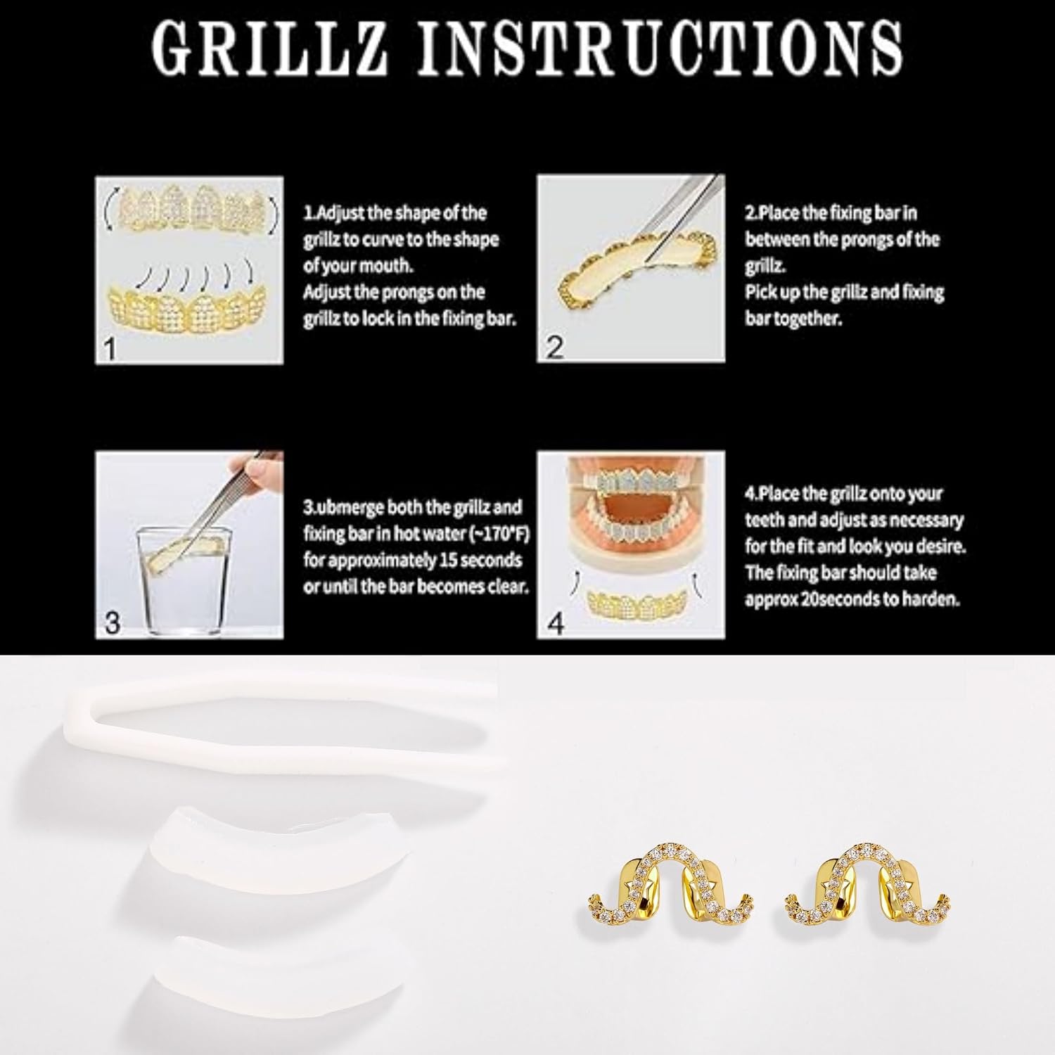 JINAO Grillz - Grills for Your Teeth, Gold Tooth Cap 2pcs 14K Gold Plated Möbius Diamond Single Tooth Grill Cap for Men Women Rapper Costume