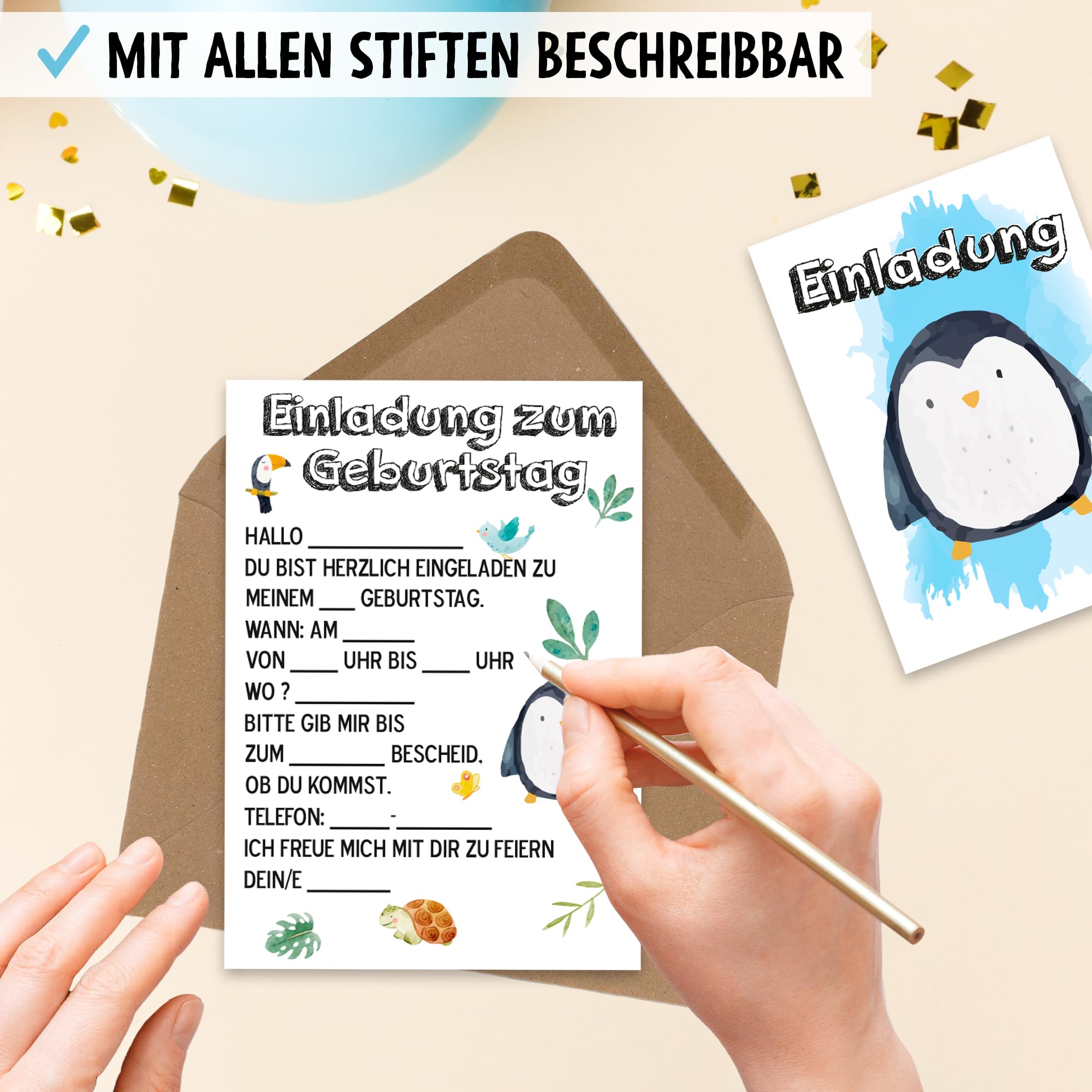 OWLBOOK Pinguin Safari 50 Einladungskarten Kindergeburtstag Junge Mädchen Kinder - Wilde Tiere Geburtstag - Kindergeburtstagseinladungen Wald Tiere Zoo Dschungel Einladungen zum Ausfüllen mit