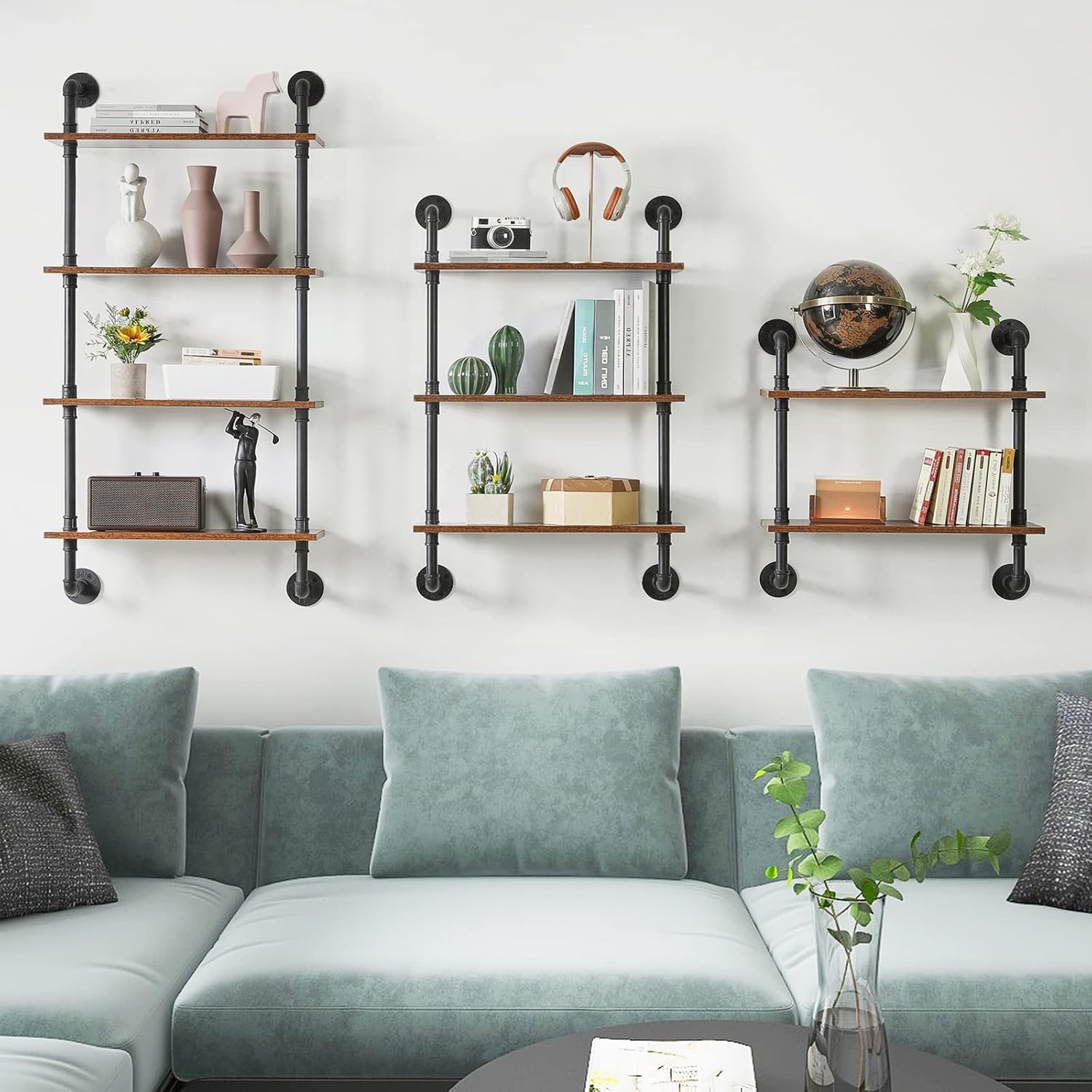 YMYNY Industrial Pipe Shelf Bracket, 4 Tiers Retro Wall Mounted Floating Shelf, Wood DIY Bookshelf, Storage Shelves for Living Room, Bedroom, Office, 24" Farmhouse Bathroom Shelving, UHWS002H