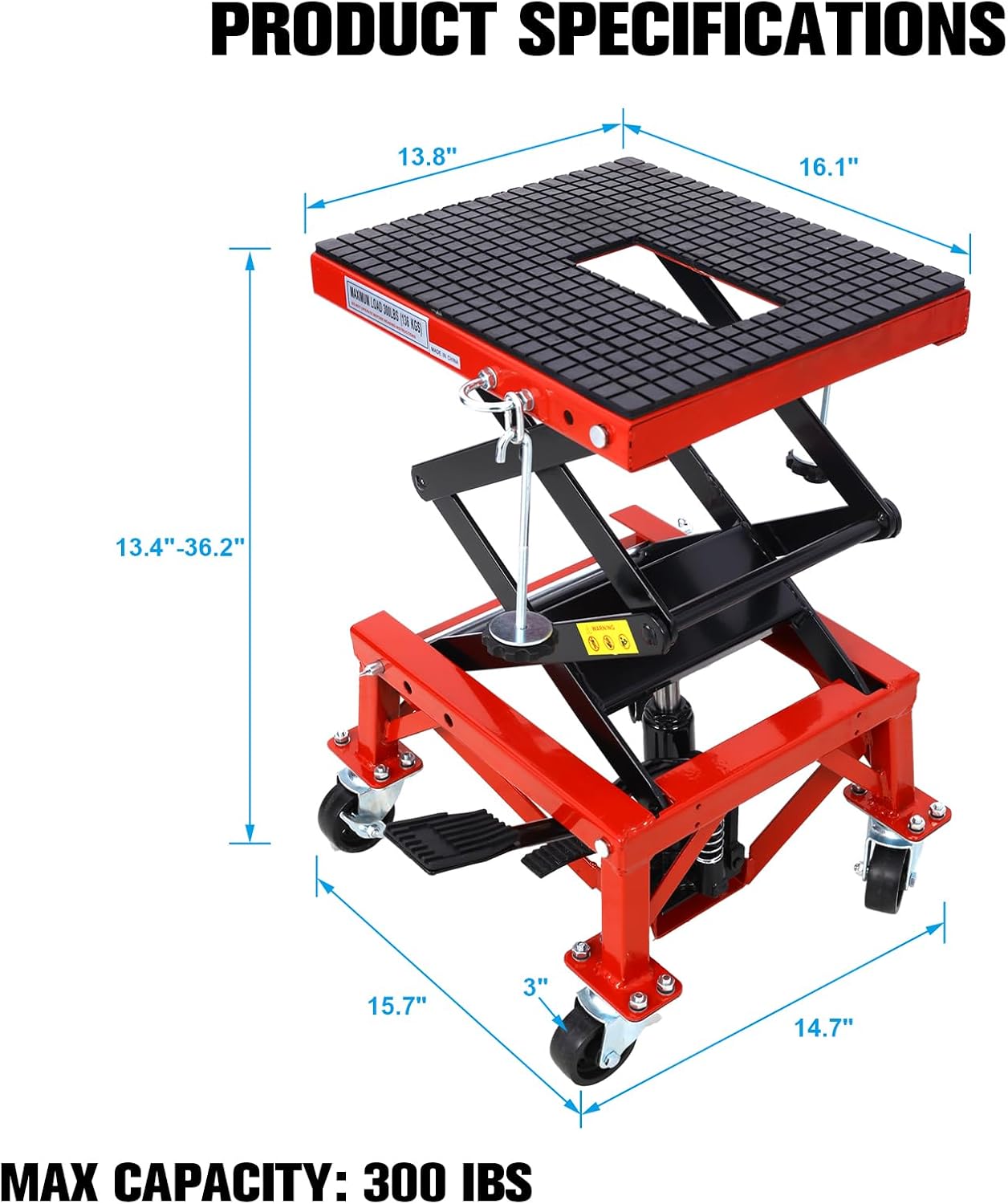 300 lbs Hydraulic Motorcycle Scissor Jack Lift Foot Step Wheels with Footstep Lever, Lift Table with 4 Wheels, Raises Bikes from 13.4" to 36.2", for Small Dirt Bikes, Red