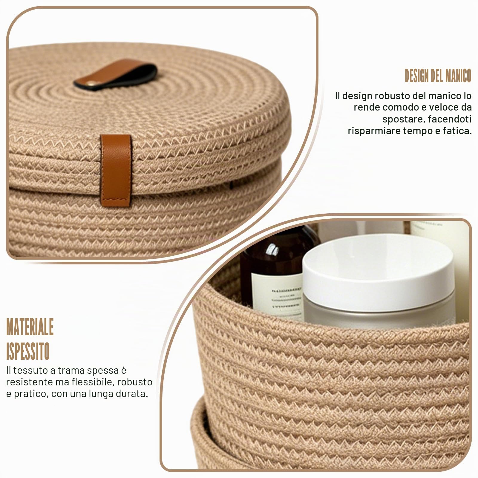 2 Pezzi Cestino Portaoggetti con Coperchio, Cestini in Corda di Cotone con Coperchio, Cesto Intrecciato Lavabile, Cestino Multifunzionale per Soggiorno, Bagno, Ufficio, Decorativo