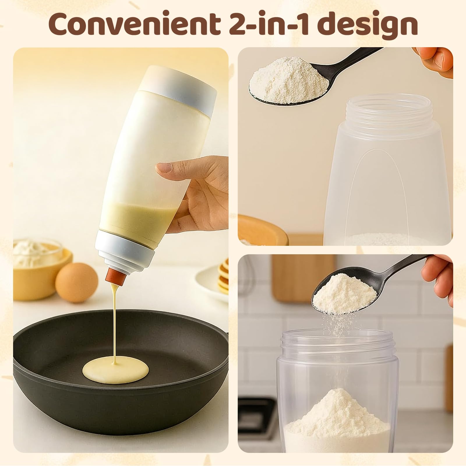 Teigspender, 2 Stück Quetschflasche für Pancakes & Muffins, Teigportionierer mit Deckel und Skala, Teigspritze für Waffeln, Crepes, Cupcakes, inkl. Silikonspatel
