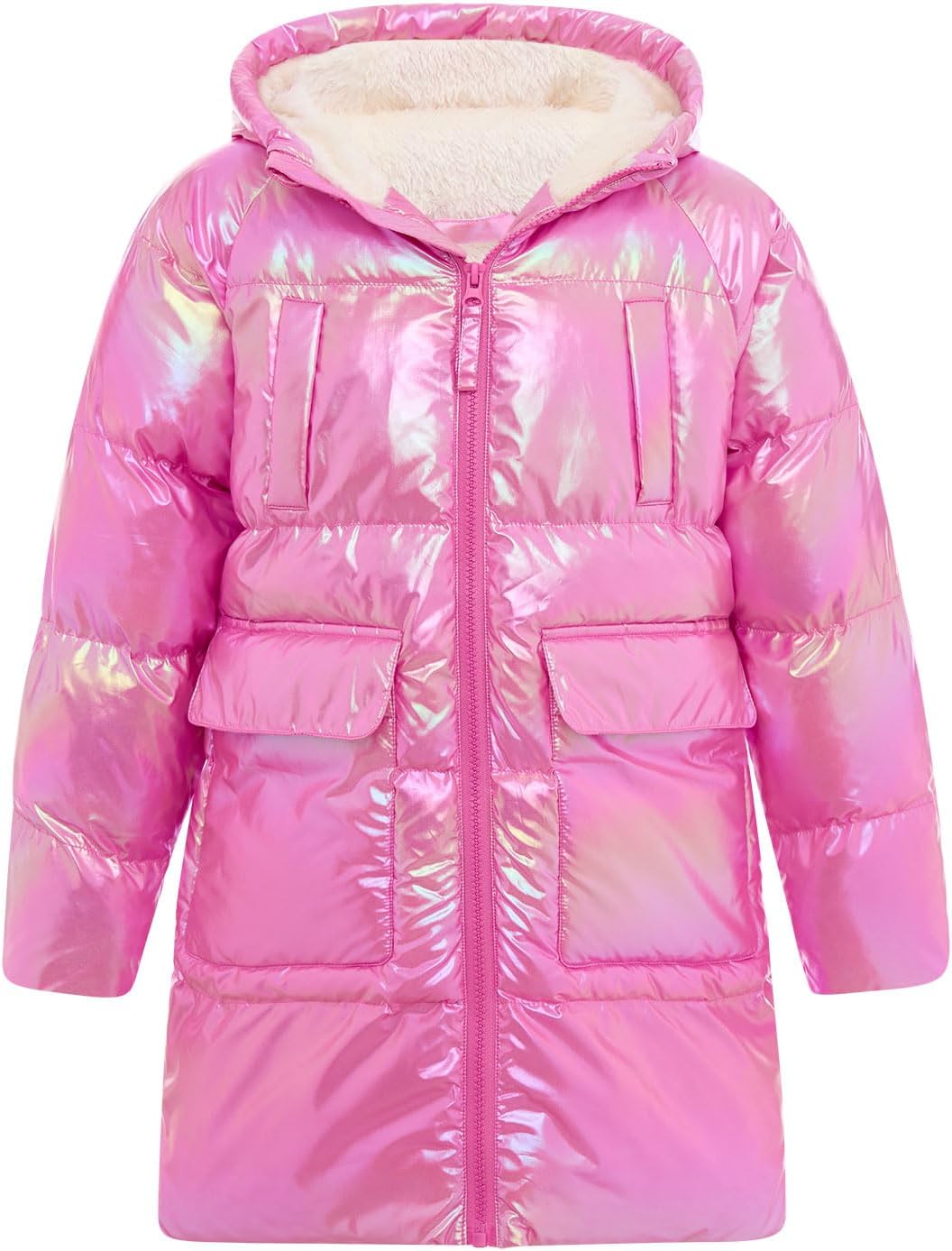 Cutemile 5-12 Years Girls Winter Long Fleece Coat Parka Metallic Puffer Jacket Outwear with Hooded