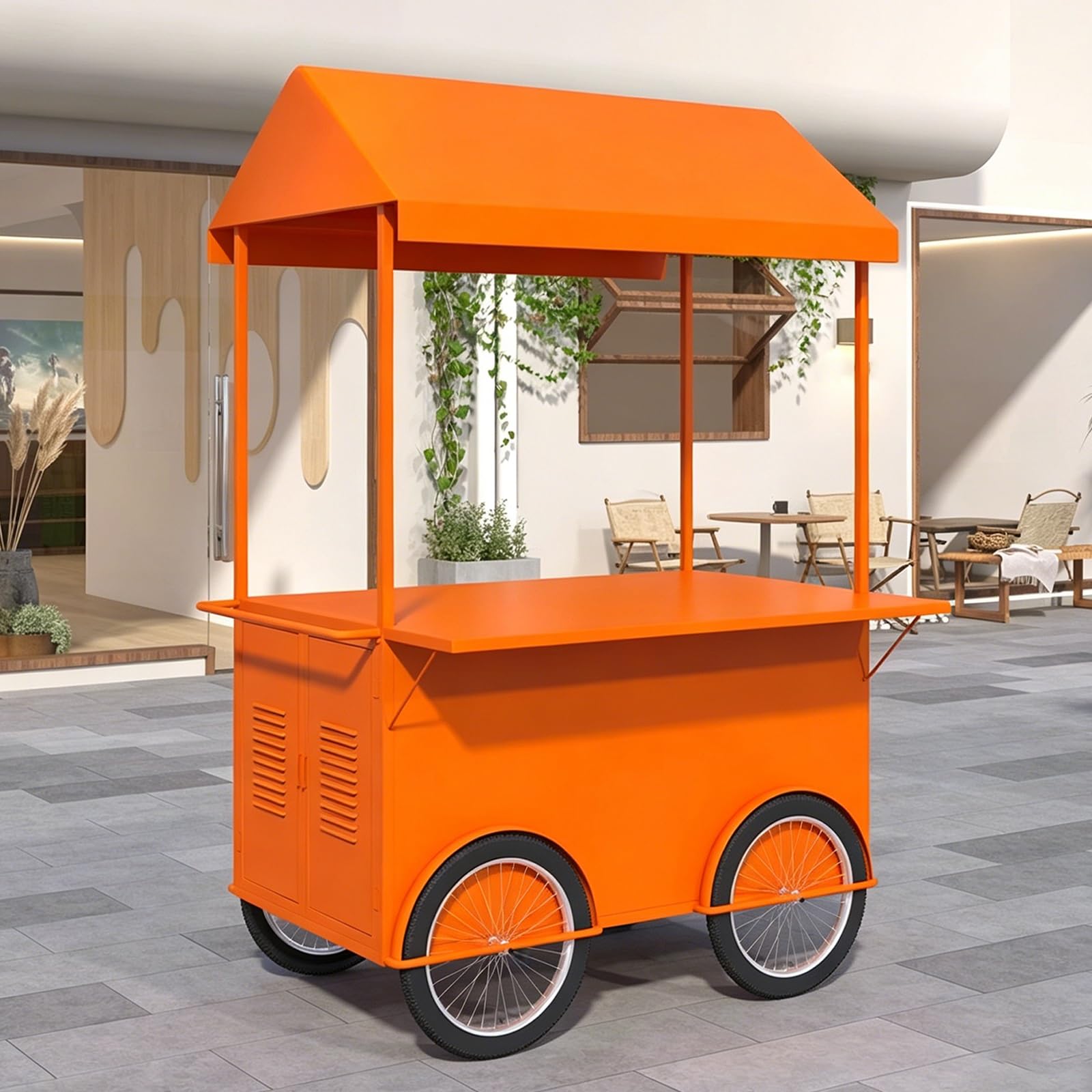 Mobiler Imbisswagen, 4-rädriger Straßenverkaufswagen, Verkaufswagen aus Metall, mit Stoffbaldachin, für Veranstaltungen im Freien, Märkte und Straßenfeste(Orange,165cm/64.9in)