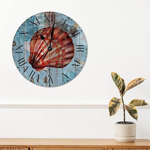 Miniatura 49 de ArogGeld Reloj de pared de PVC de mediados de siglo, concha, números de playa, estilo océano con números romanos de 10 pulgadas, funciona