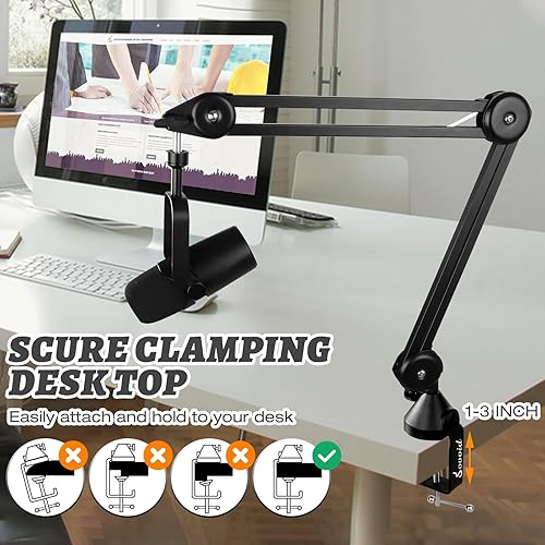 Miniatura 7 de Brazo de brazo de micrófono soporte de micrófono resistente con abrazadera de montaje de escritorio y clip de micrófono, ideal para podcast y