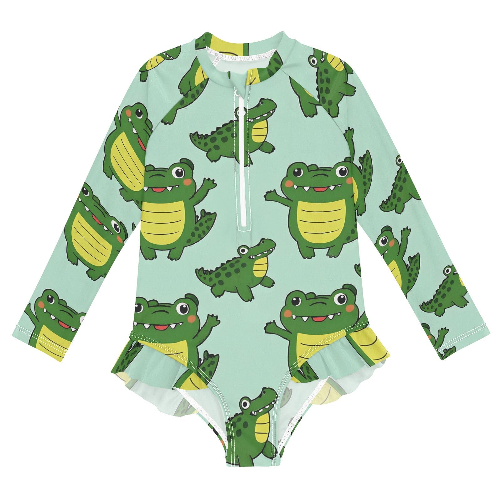 ALAZA Toddler Swimsuit Girl Bathing Suit Swimwear Rash Guard Crocodile Cute Green Long Sleeve 3T