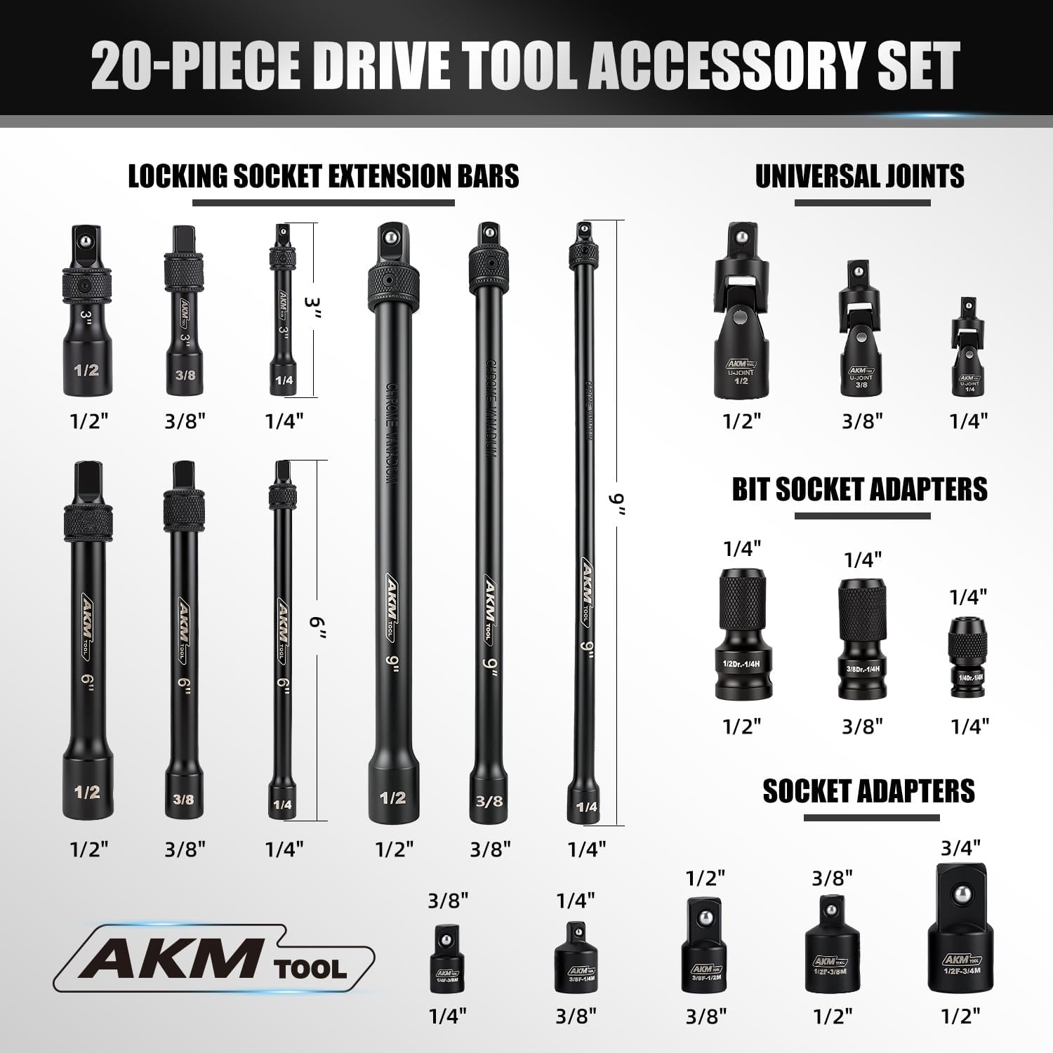 20 Piece Locking Impact Socket Extension Set, 3" 6" 9" Extension Bars, 1/4" 3/8" 1/2" Drive, Quick Release Locking Collar, Cr-v Steel, Universal Joints, Bit Socket Adapters, Socket Adapters