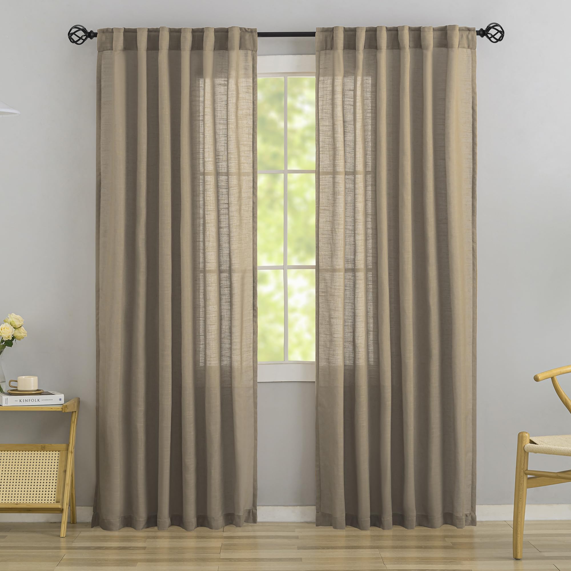 Burlap Linen Back Tab & Rod Pocket Semi Gauze Privacy Parlor Curtains, 2 Panels, 52"Wide x 92"Long, Taupe