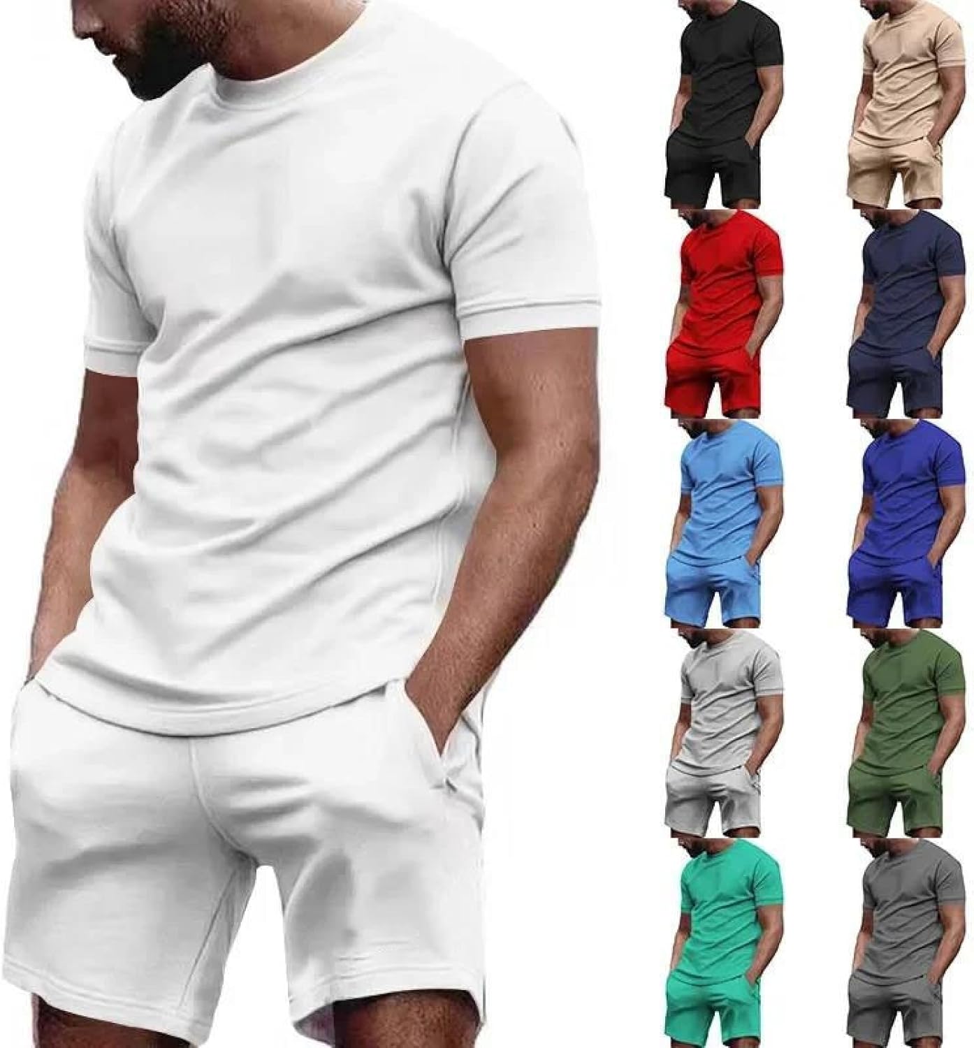 Men's Summer Solid Color Cotton T-Shirt And Shorts Set Crew Neck Casual Loose Fit Outfit