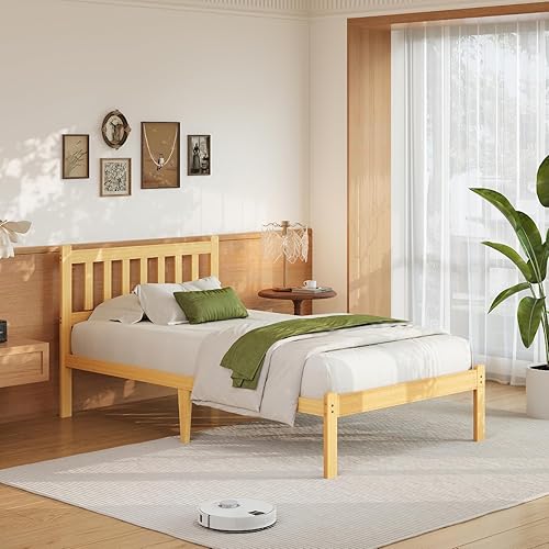 Askeld Base de cama individual de madera con cabecero, plataforma de bambú sólido de 14 pulgadas de alto, no necesita somier, marco de cama