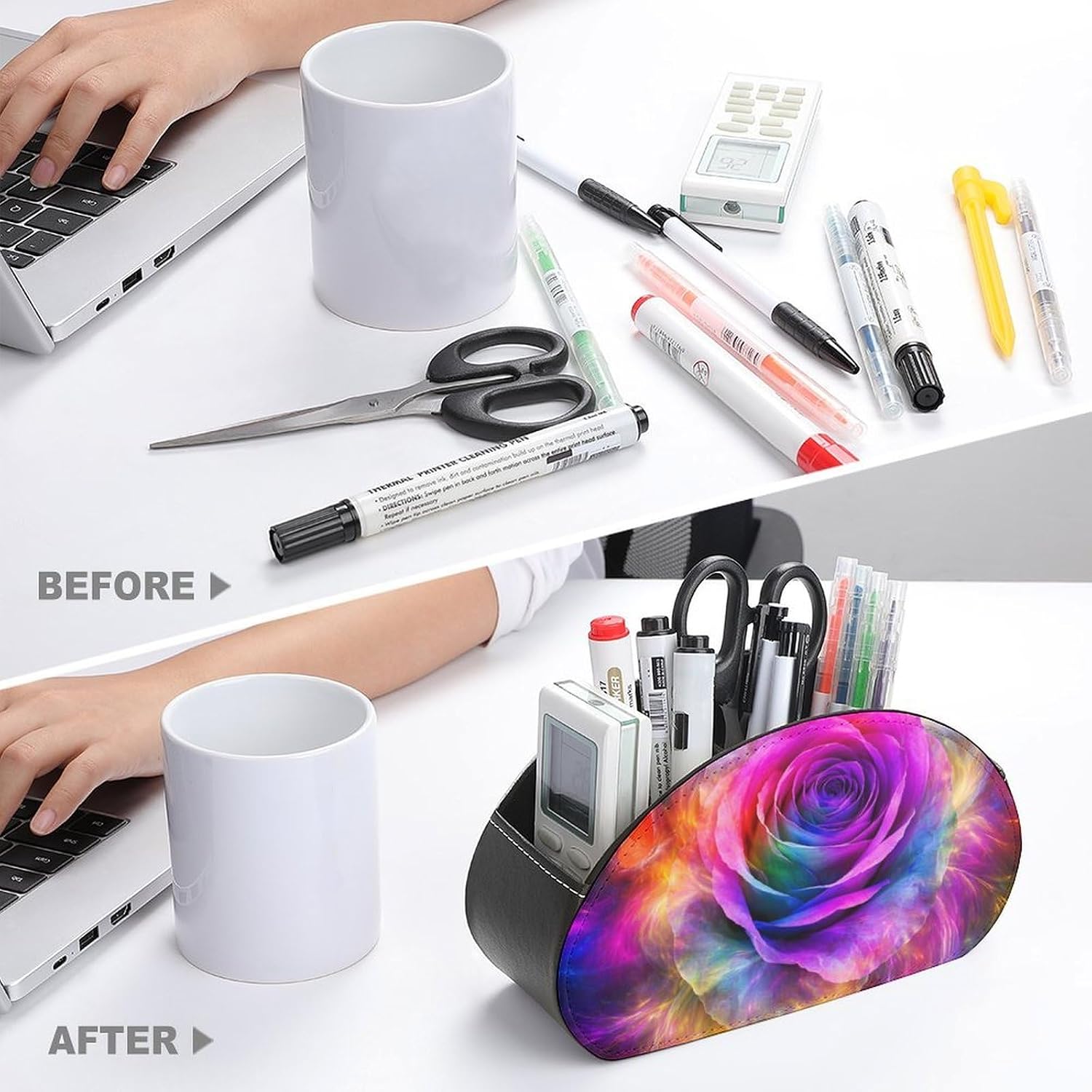 Trippy Tie Dye Rose Colorful Art Remote Control Storage Box Pu Leather Desktop Storage Box 5 Compartments Decorative image 3