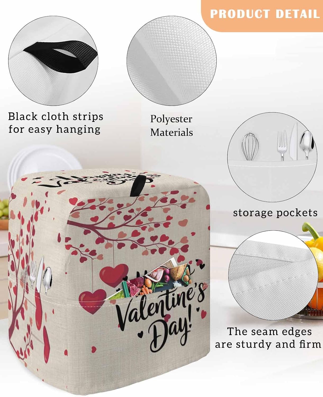 Happy Valentines Day Stand Mixer Cover with Storage Pocket, Waterproof Kitchen Mixer Covers, Red Love Branches Spring Beige Kitchen Appliance Dust Cover Compatible with 5-8 Quart Mixers