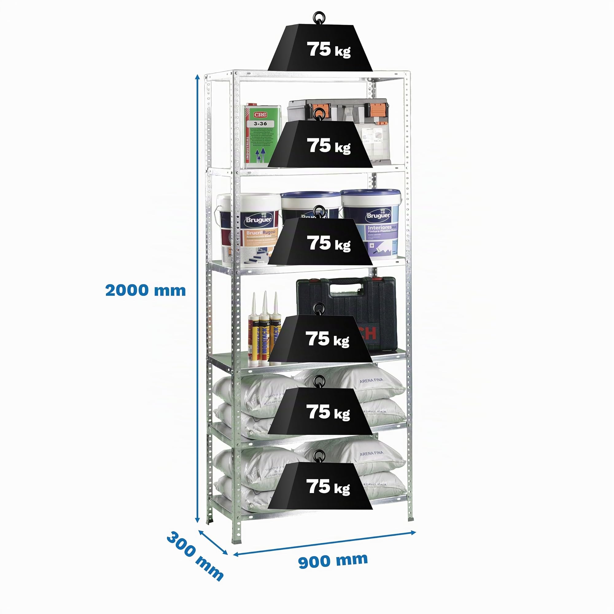 Simon Rack Estanterias Metalicas 2000x900x300 mm, 6 Baldas Metalica, 75 kg de Punto Flexión, Estanterias Almacenaje, Galvanizado - Advantage