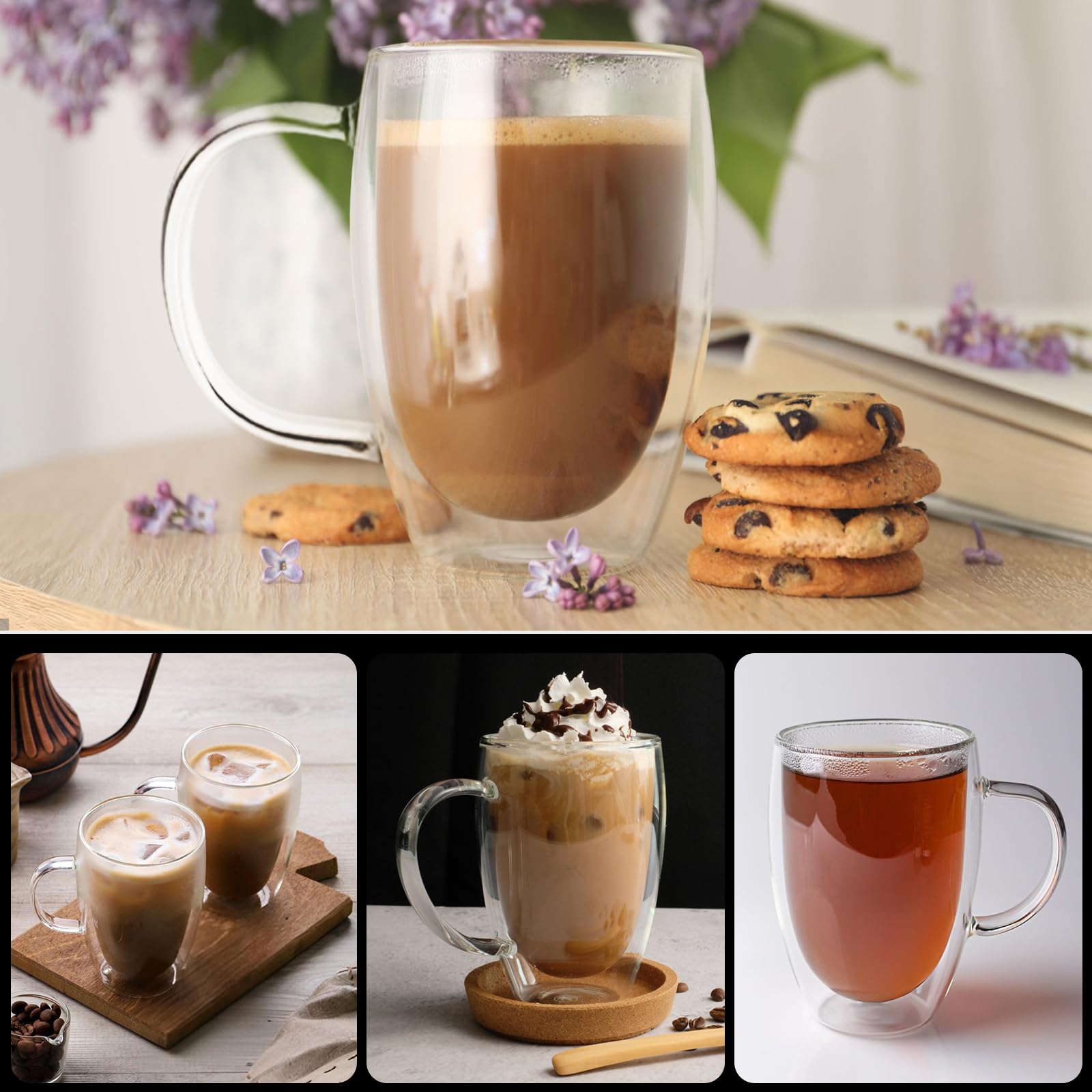 Isolierte Glasbecher, doppelwandig, für Tee, Cappuccino, Eiskaffee, Latte, heiße Getränke, mikrowellen- und spülmaschinenfest, 473 ml, 2 Stück