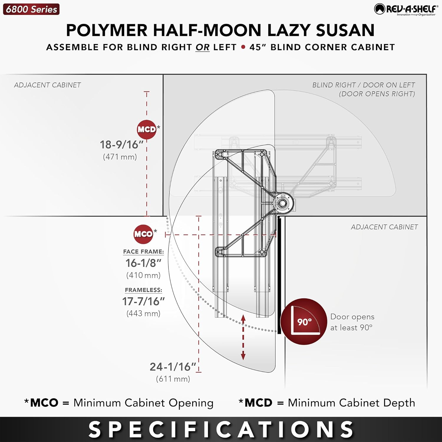 Rev-A-Shelf 33" Pull Out Half Moon Shelves for Blind Corner Kitchen/Bathroom Cabinets, 2 Shelf Sliding Organizer with Hardware, White, 6882-33-11-570
