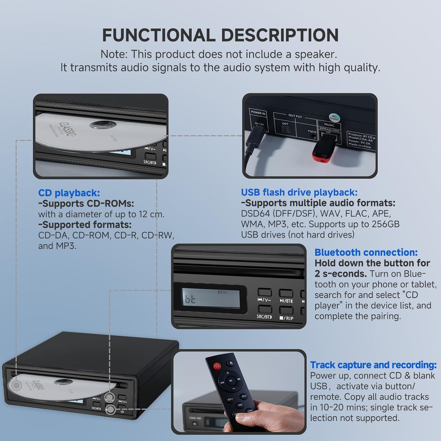 Portable Bluetooth CD Player for Home CD Ripper Hi-Fi Audio CD Player Desktop CD Players Optical and AUX Output，Lossless Sound Quality (Black)