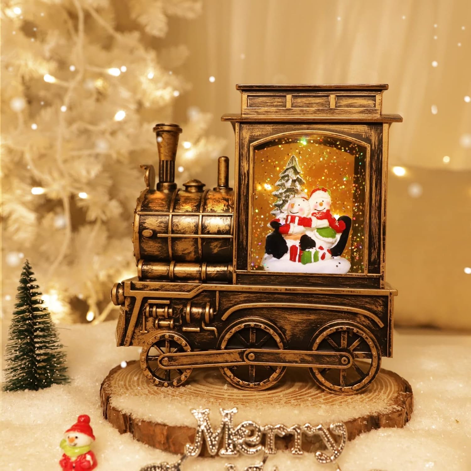 TURNMEON Musical Lighted Christmas Train Snow Globe Lantern Decor, Snowman 8 Songs Timer USB or Battery Operated Xmas Water Lantern Glittering Snow Globe Christmas Decoration Home Indoor Birthday Gift