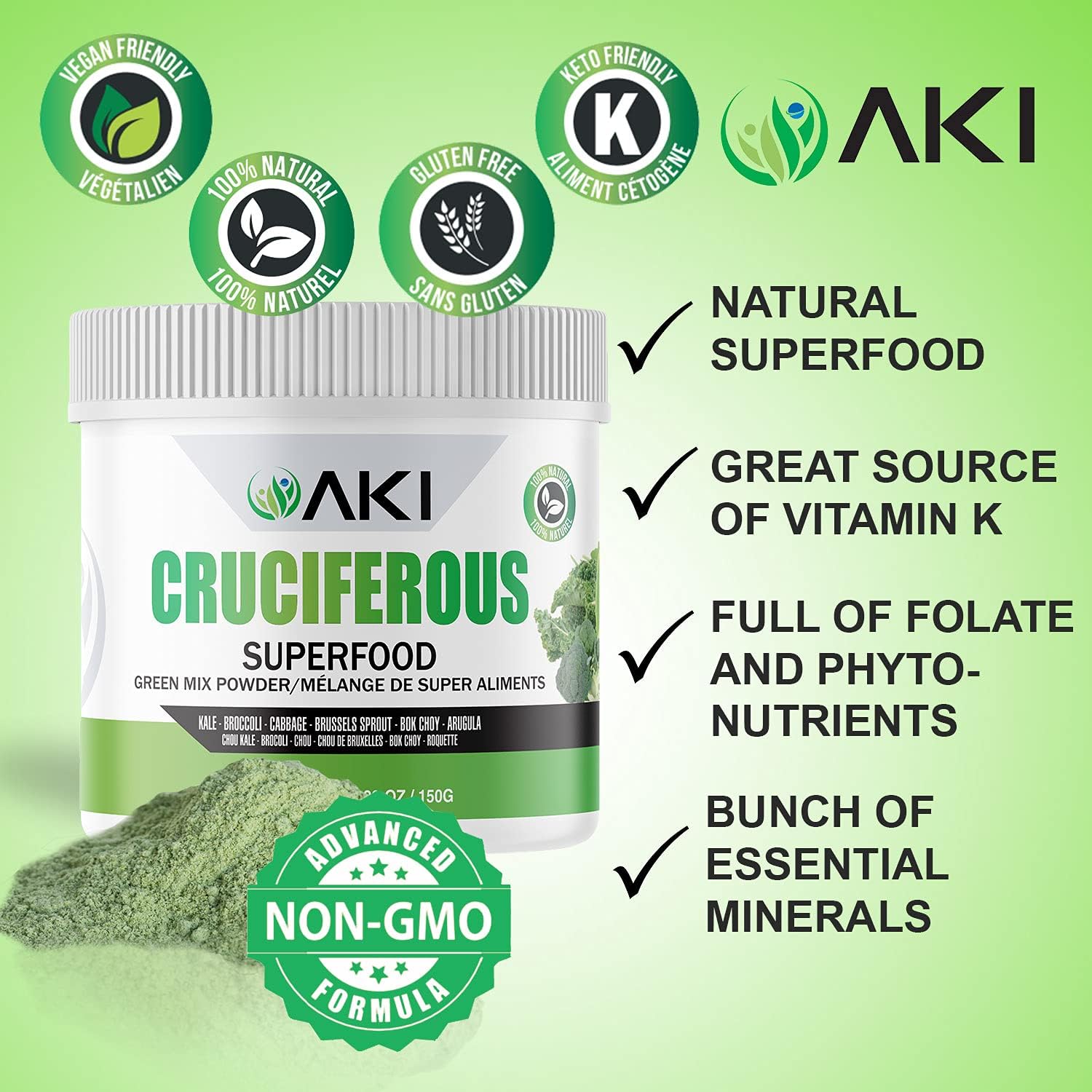 AKI Natural Cruciferous Superfood Blend Powder Made of Kale, Broccoli, Cabbage, Brussels Sprout, Bok Choy, Arugula, Ideal to Boost Greens Veggie Smoothie Supplements Vitamins Phytonutrient 5.3oz/ 150G : Health & Household