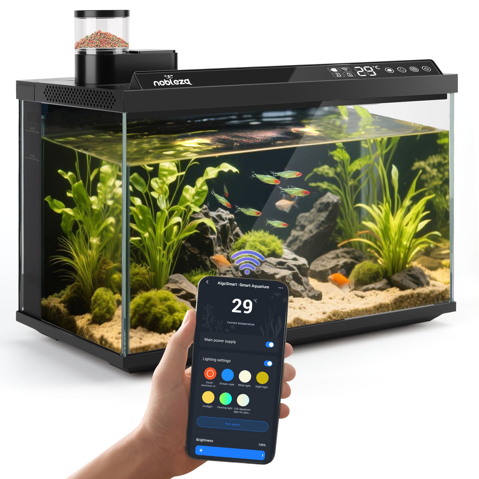 Nobleza Acquario Smart 30L, Set Completo WiFi con App e Cambio Acqua Rapido | Vasca da 30L in vetro ultra-chiaro con controllo smart, pompa a 3 stadi, mangiatoia automatica e luci a 6 modalità per uffici