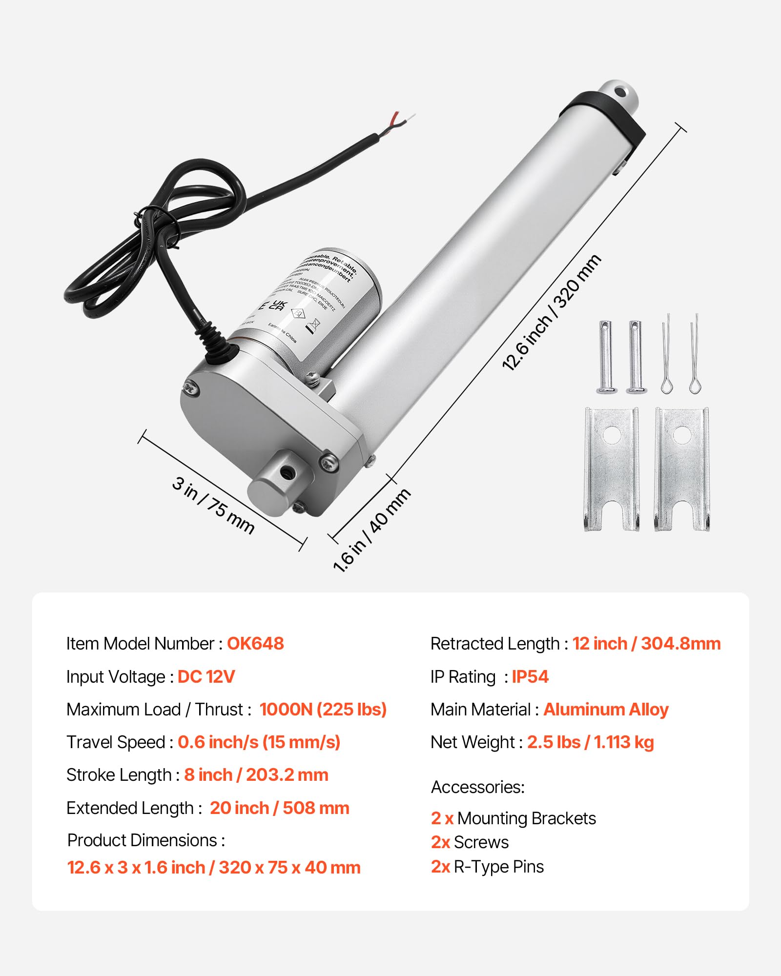 VEVOR Actuador Lineal 12 V, 203,2 mm, con 15 mm/s y 1000 N de Velocidad, Protección IP54 y Soporte de Montaje para Escritorios Elevadores, Sillones Reclinables y Abridores de Ventanas y Puertas