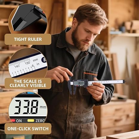 Digital Vernier Caliper, 150mm 6 Inch,Large LCD Display | Inch/Metric Conversion, 24 Cm Stainless Steel Ruler, Precision Depth Gauge,DIY, Jewelry, Woodworking & Household