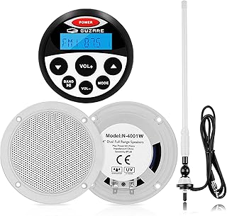 Marine Wateroroof オーディオパッケージ マリン Bluetooth ステレオラジオシステム - 防水 FM ラジオ ステレオ ATV UTV 高耐久 パワースポーツ ヘッドユニット ホワイトマリンスピーカーとアンテナ付き