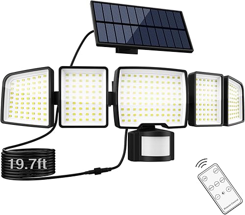 Atfoyer Luces solares para exteriores, 326 LED de 4000 lúmenes, luces solares con sensor de movimiento mejoradas para exteriores, IP65, 5 cabezales,