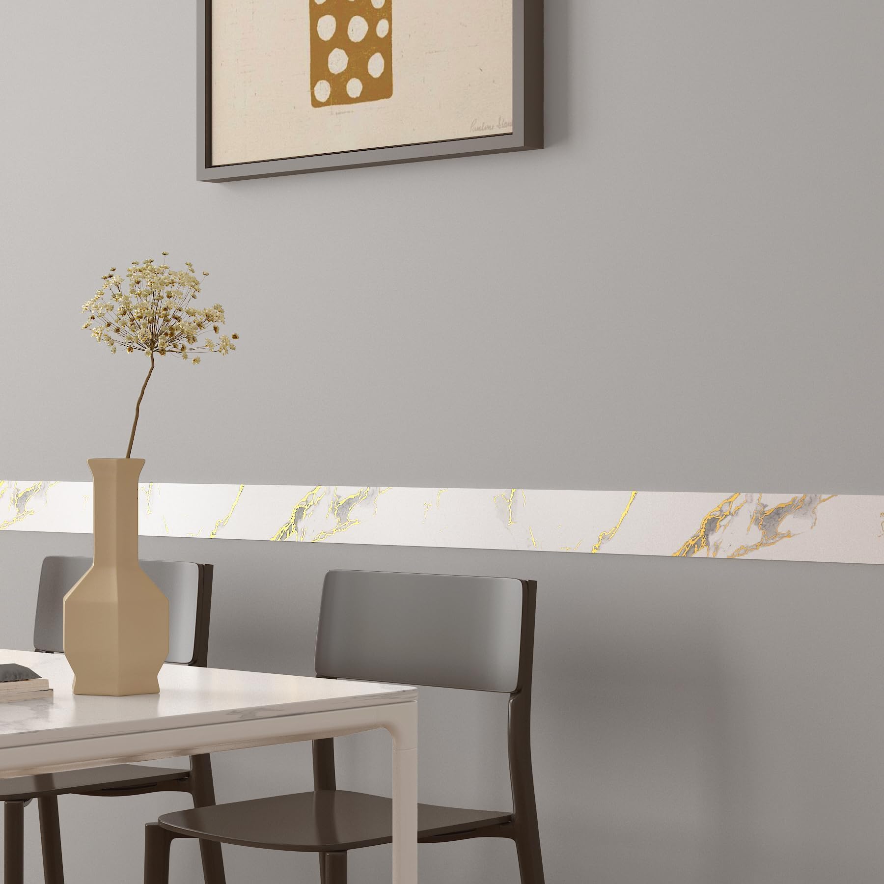 Decotalk Bordo Adesivo per Mobili Bianco e Oro Effetto Marmo 7.6X600cm Bordi Adesivi per Pareti Carta da Parati Autoadesiva Muro Bianca Nastro Adesivo Decorativa Bordo Specchio Linee Murali Rimovibile