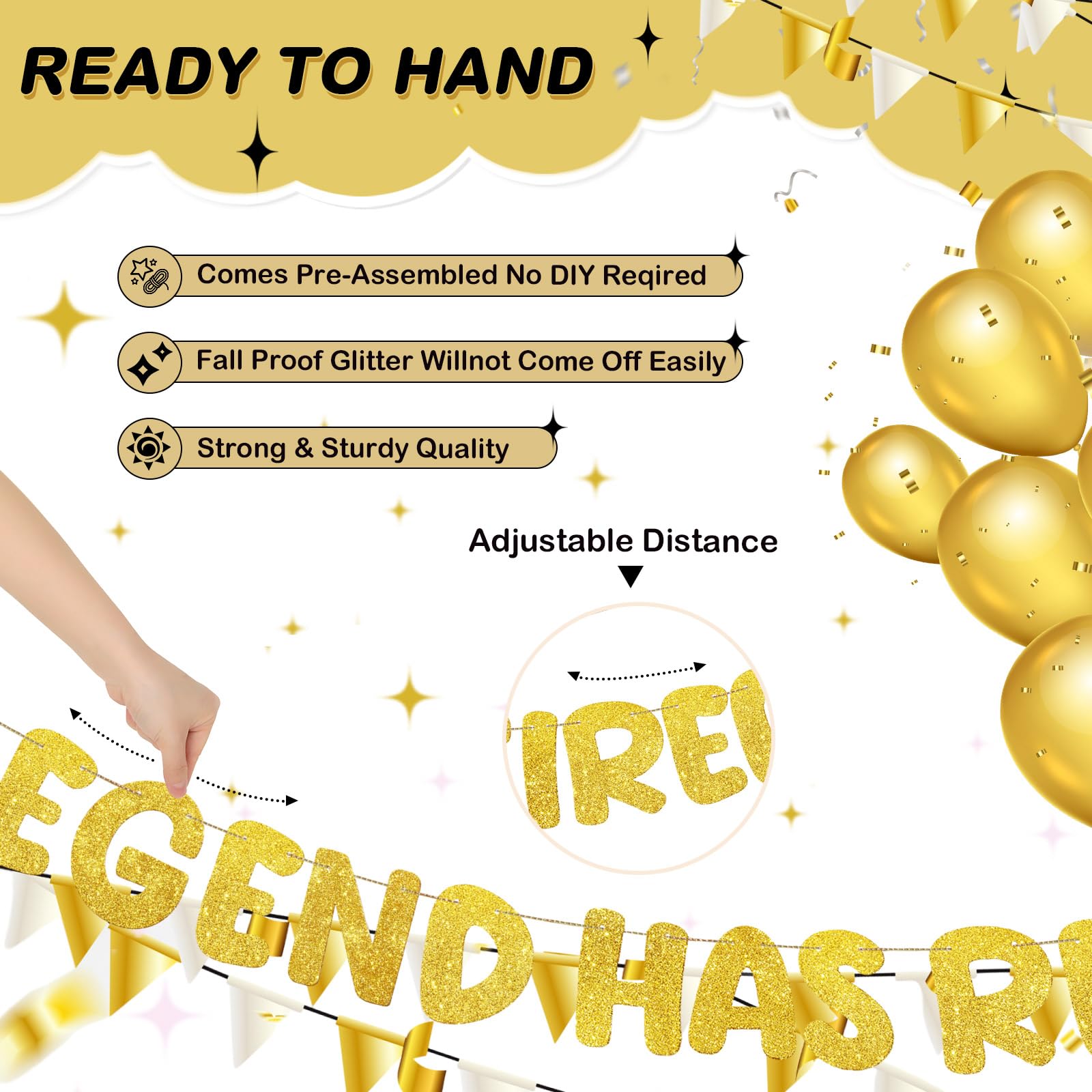 Fulmoon Pre Strung the Legend Has Retired Glitter Banner 9.8 ft Retirement Banner Retirement Party Decorations Garland Bunting for Men Women Gifts, No DIY(Gold)